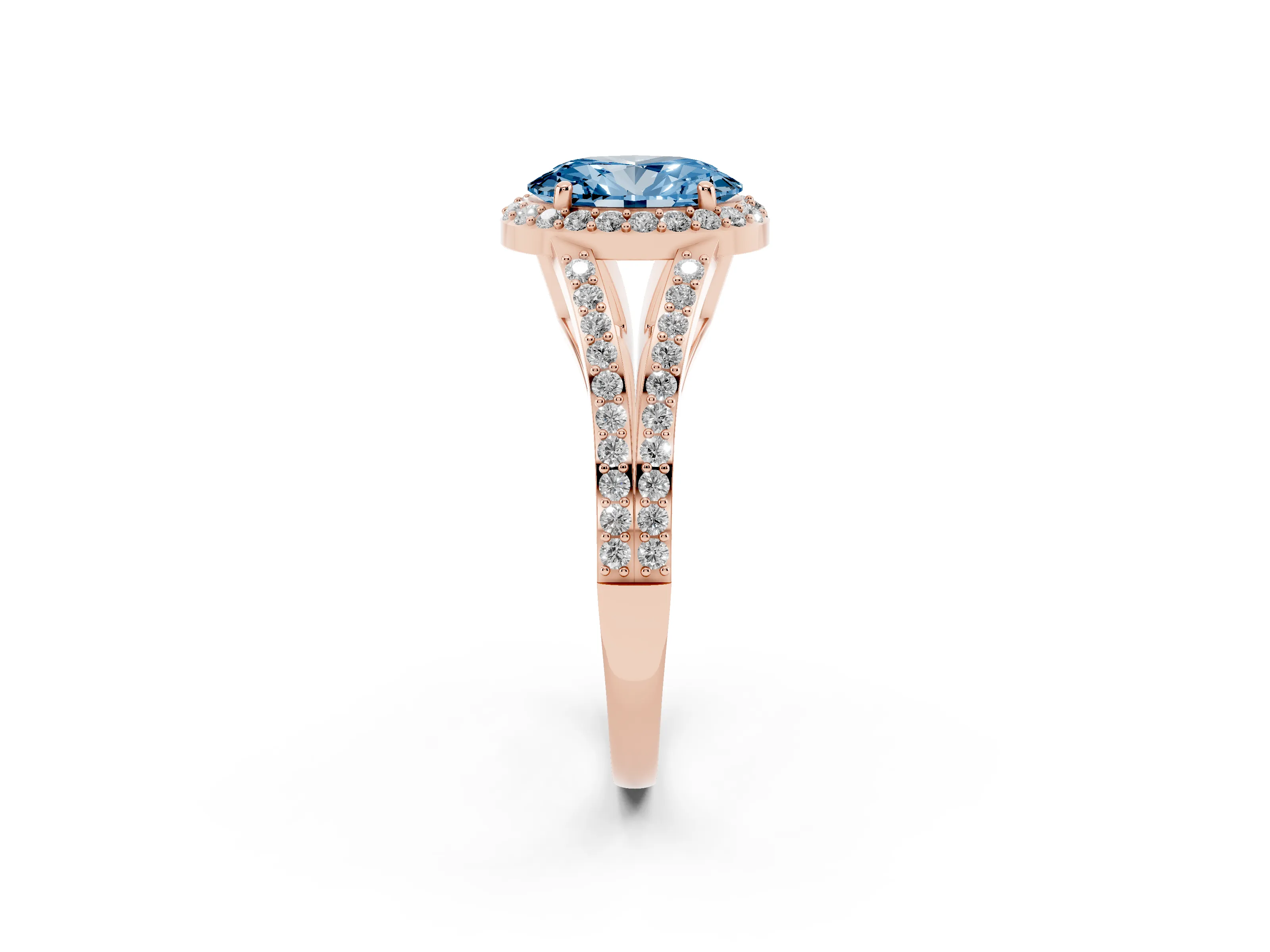 Fancy Blue Oval Cut Diamond Halo Split Shank Ring Set in Rose gold with Accent Stones and Prong Setting