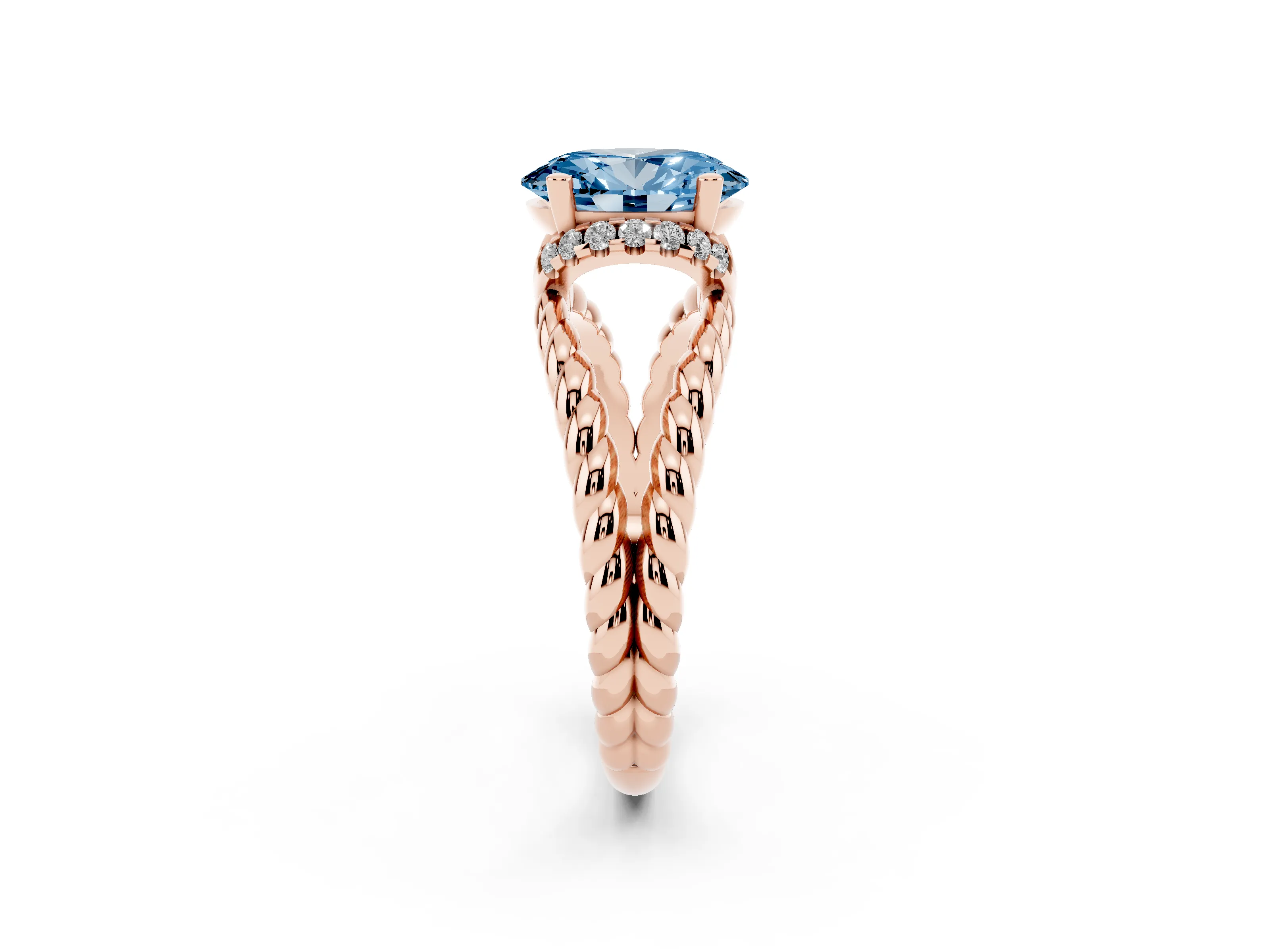 Fancy Blue Oval Cut Diamond Halo Ring Set in Rose gold with Twisted Band and Prong Setting