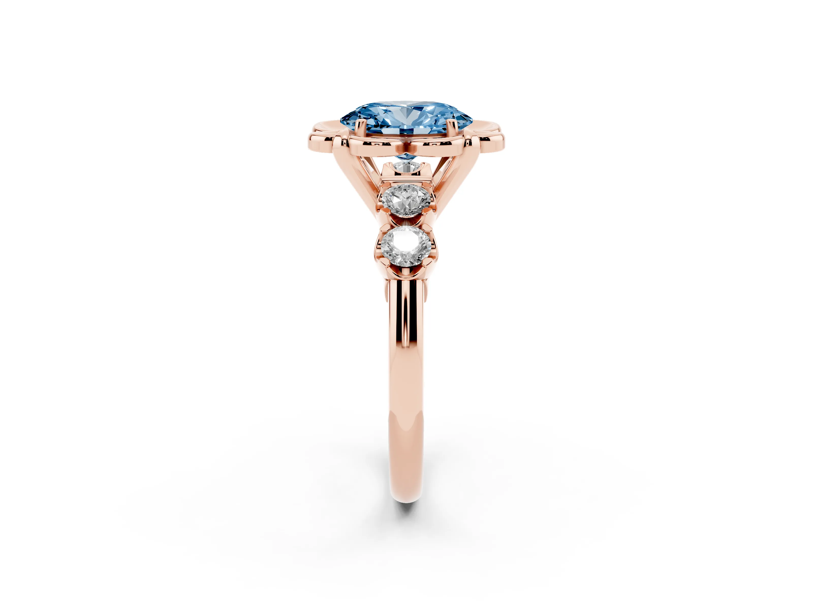 Fancy Blue Oval Cut Diamond Floral Halo Ring Set in Rose gold with Shared Prong Band