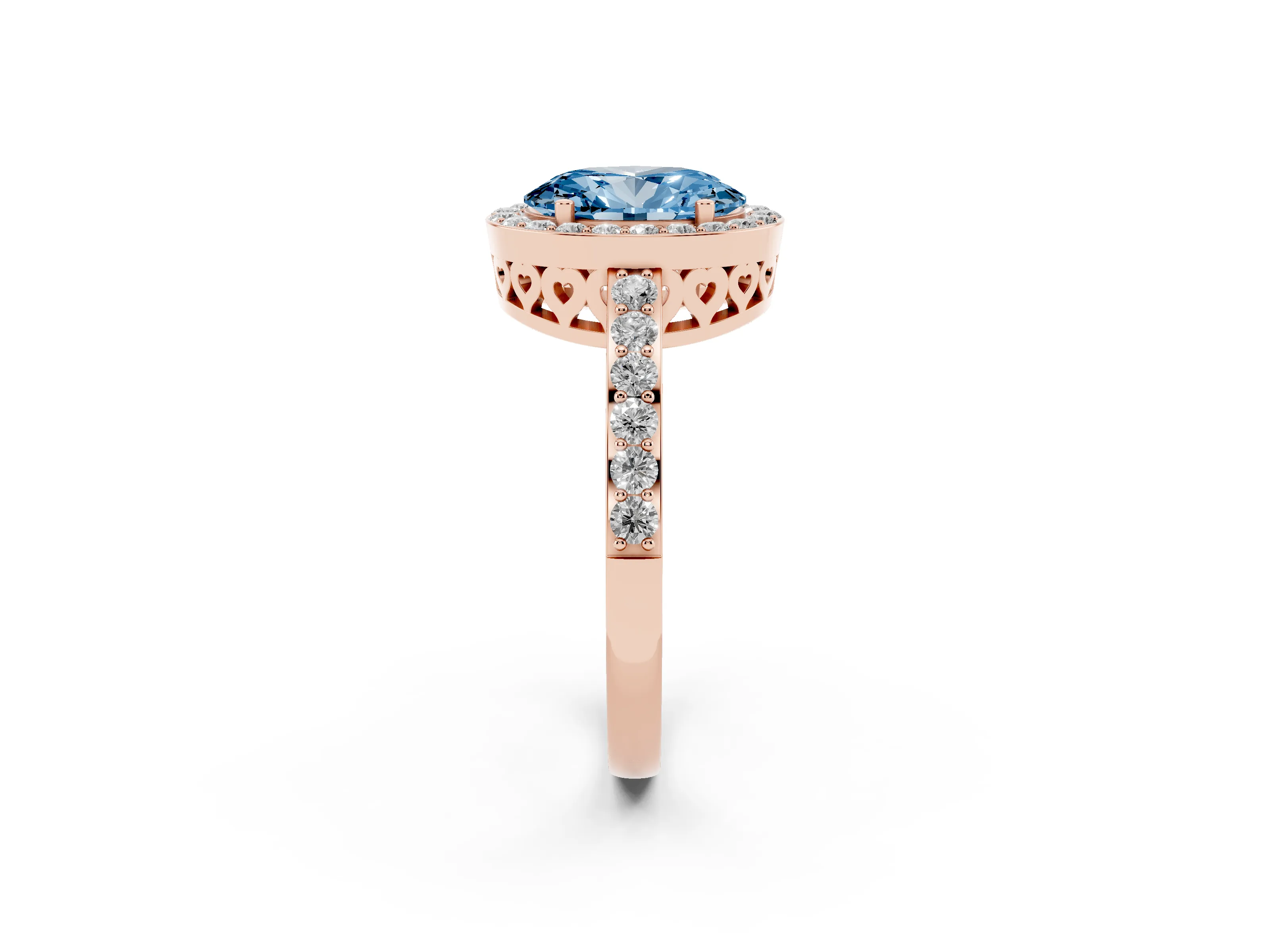 Fancy Blue Oval Cut Diamond Halo Ring Set in Rose gold with Pavé-Setting Band and Open Prong Center