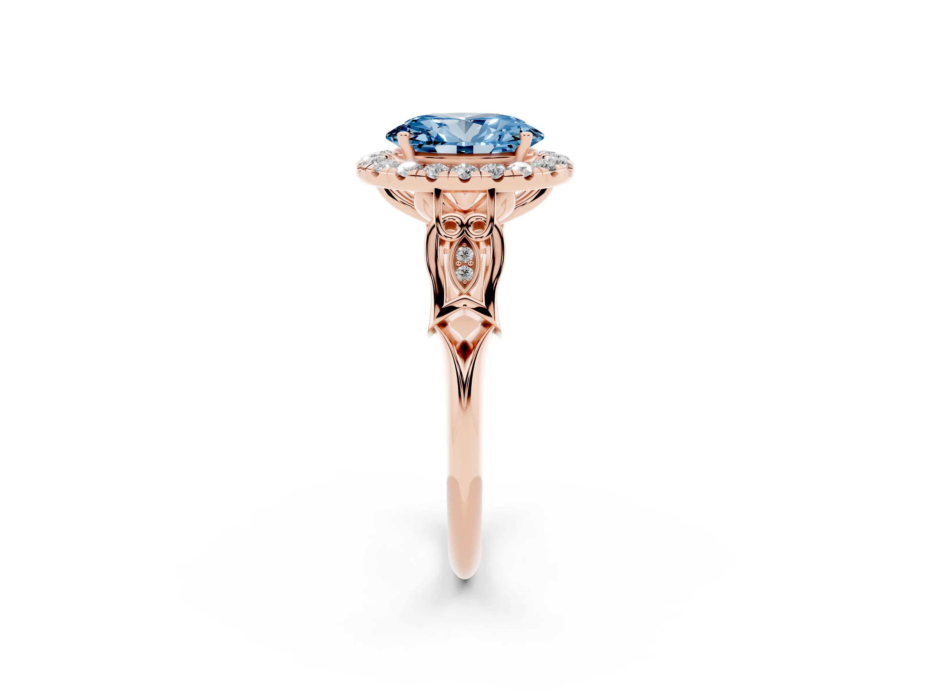 Fancy Blue Oval Cut Diamond Halo Engagement Ring Set in Rose gold with Filigree Band and Prong-Set Center