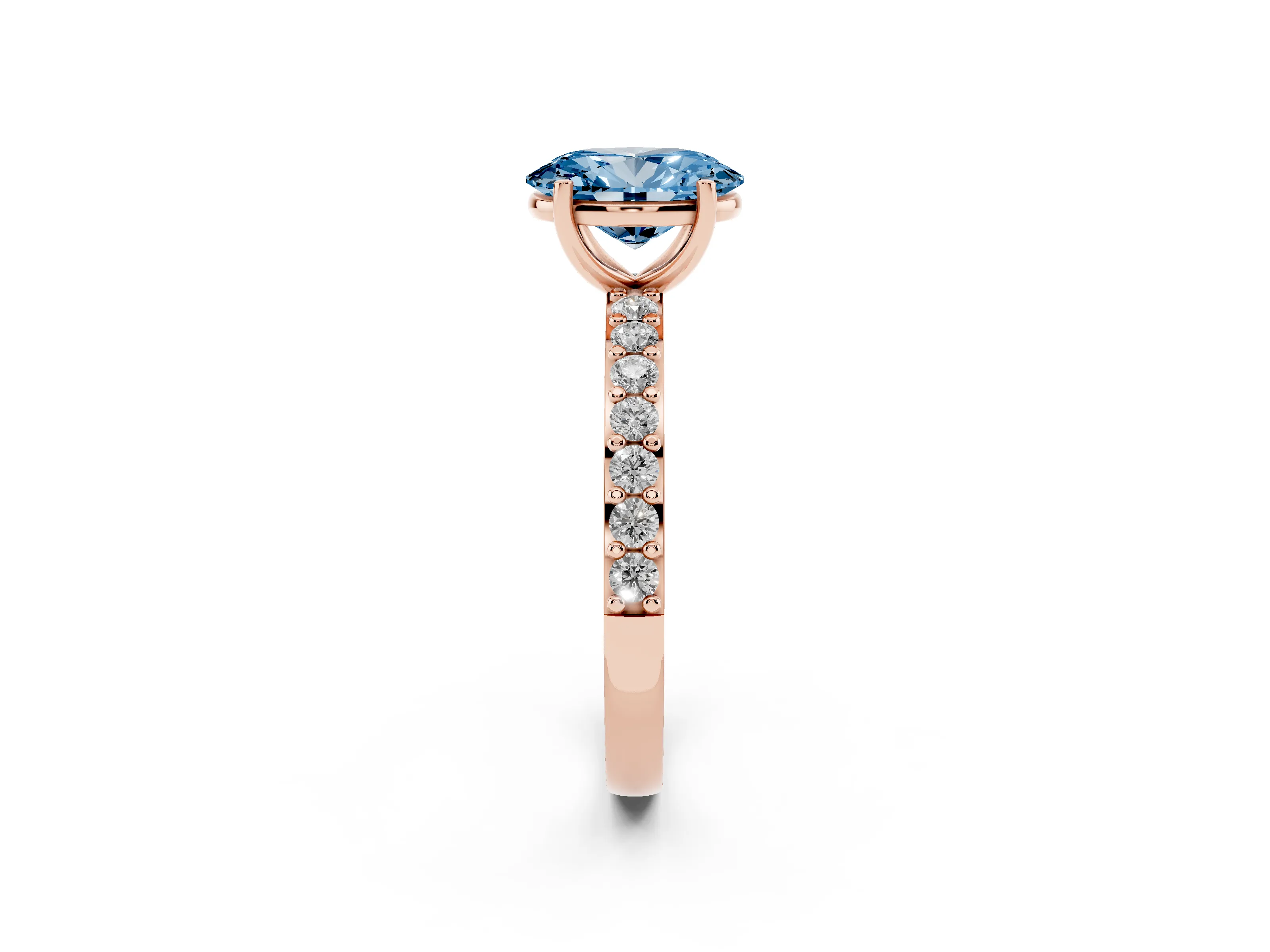 Fancy Blue Oval Cut Diamond Solitaire Set in Rose gold with Round Pavé Band and Prong Setting