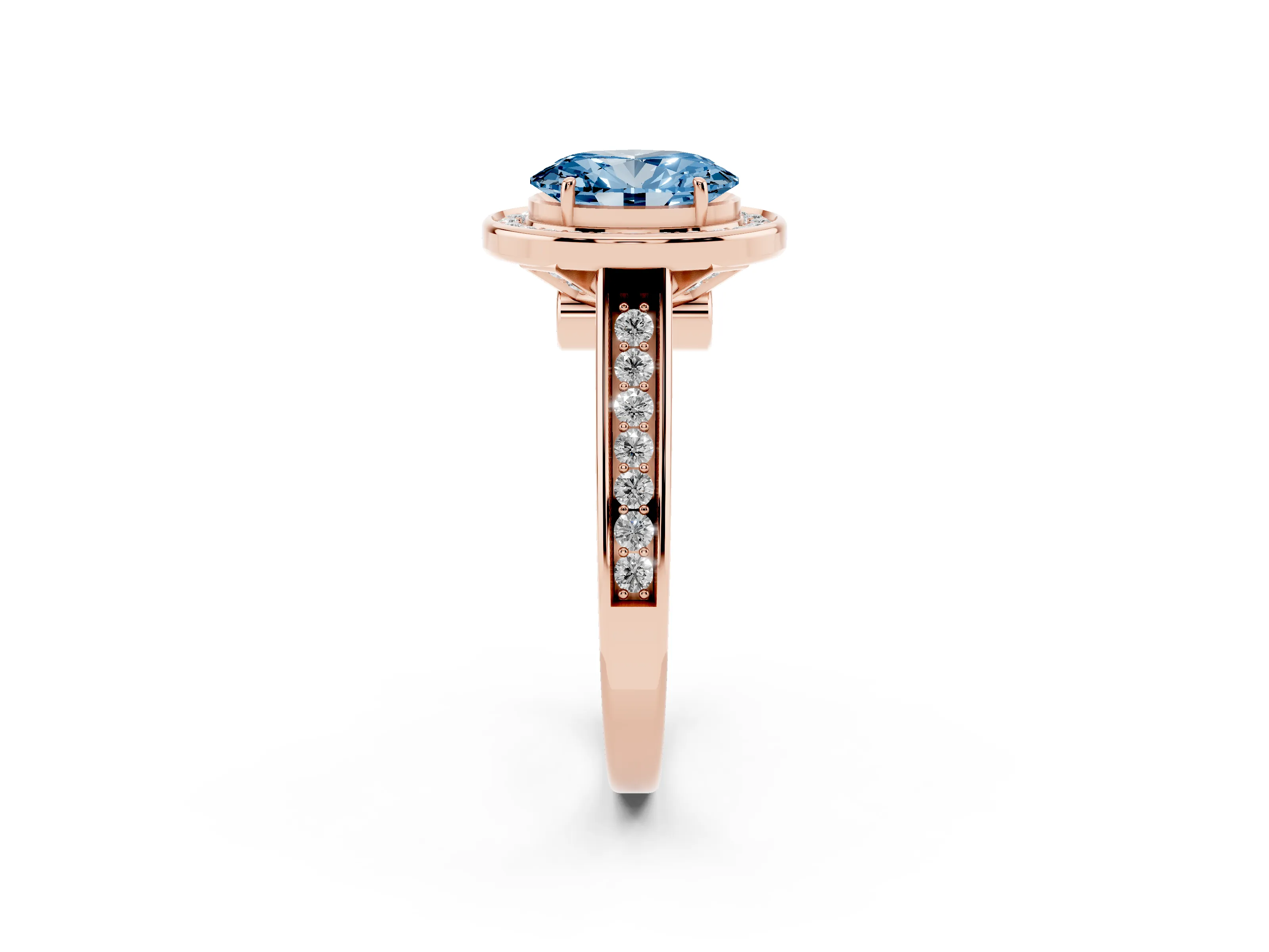 Fancy Blue Oval Cut Diamond Halo Solitaire Ring Set in Rose gold with Pavé Band and Bezel Setting