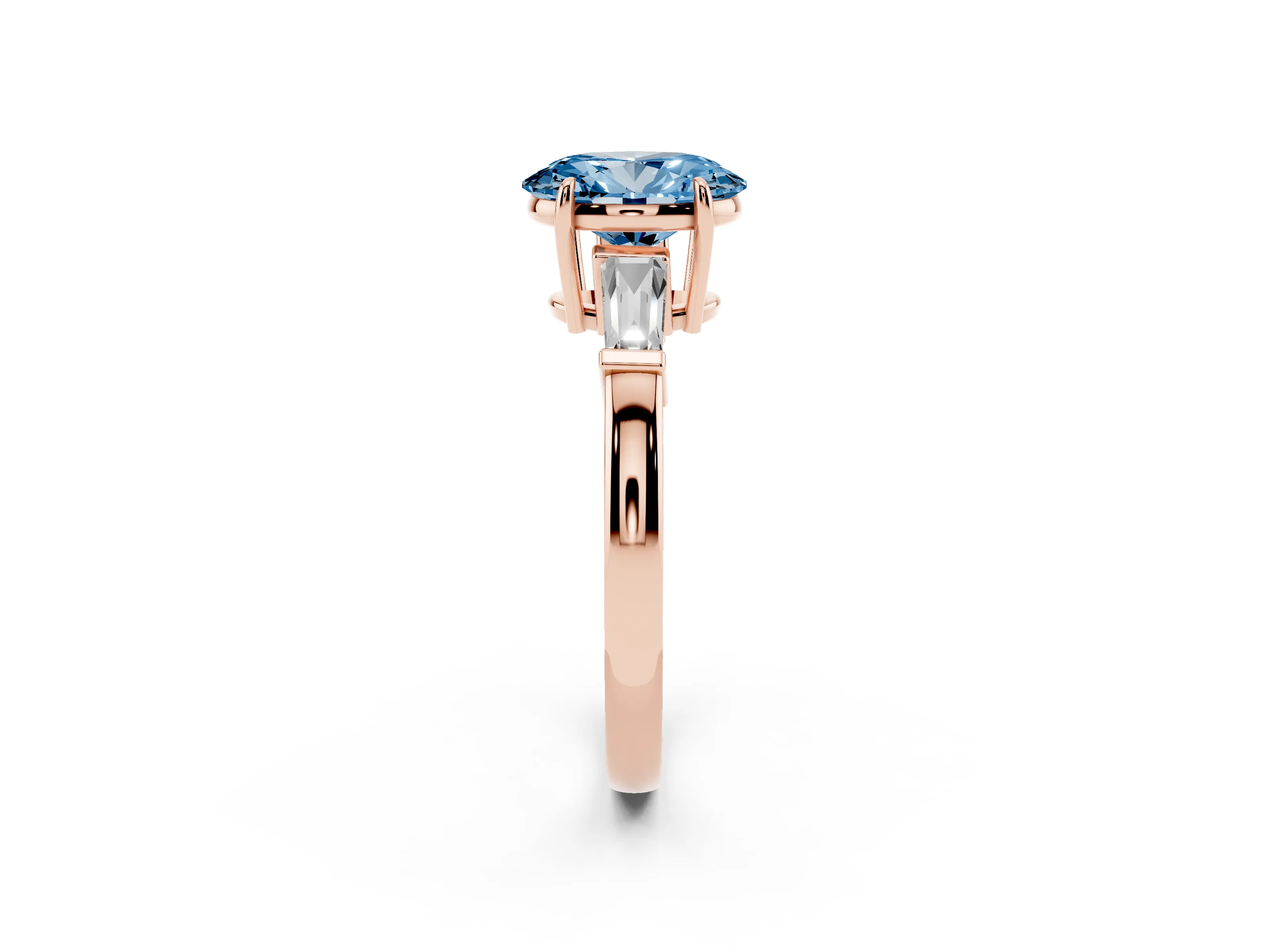 Fancy Blue Oval Cut Diamond Three-Stone Ring Set in Rose gold with Tapered Baguette Side Stones and Prong Setting
