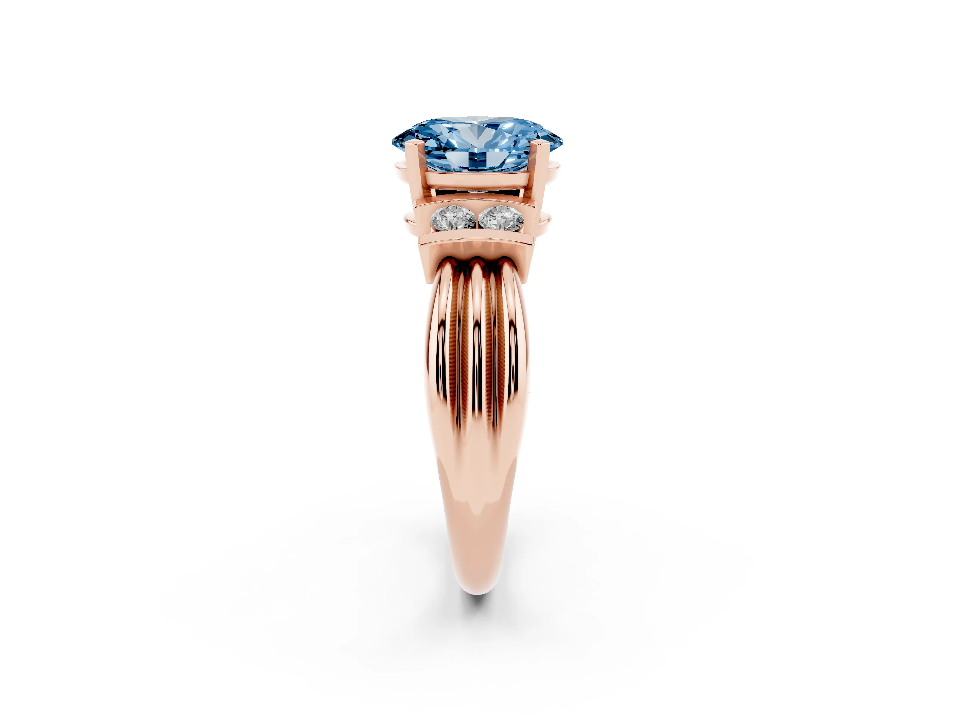 Fancy Blue Three-Stone Oval Cut Diamond Channel Set Ring Set in Rose gold with Bar Prongs