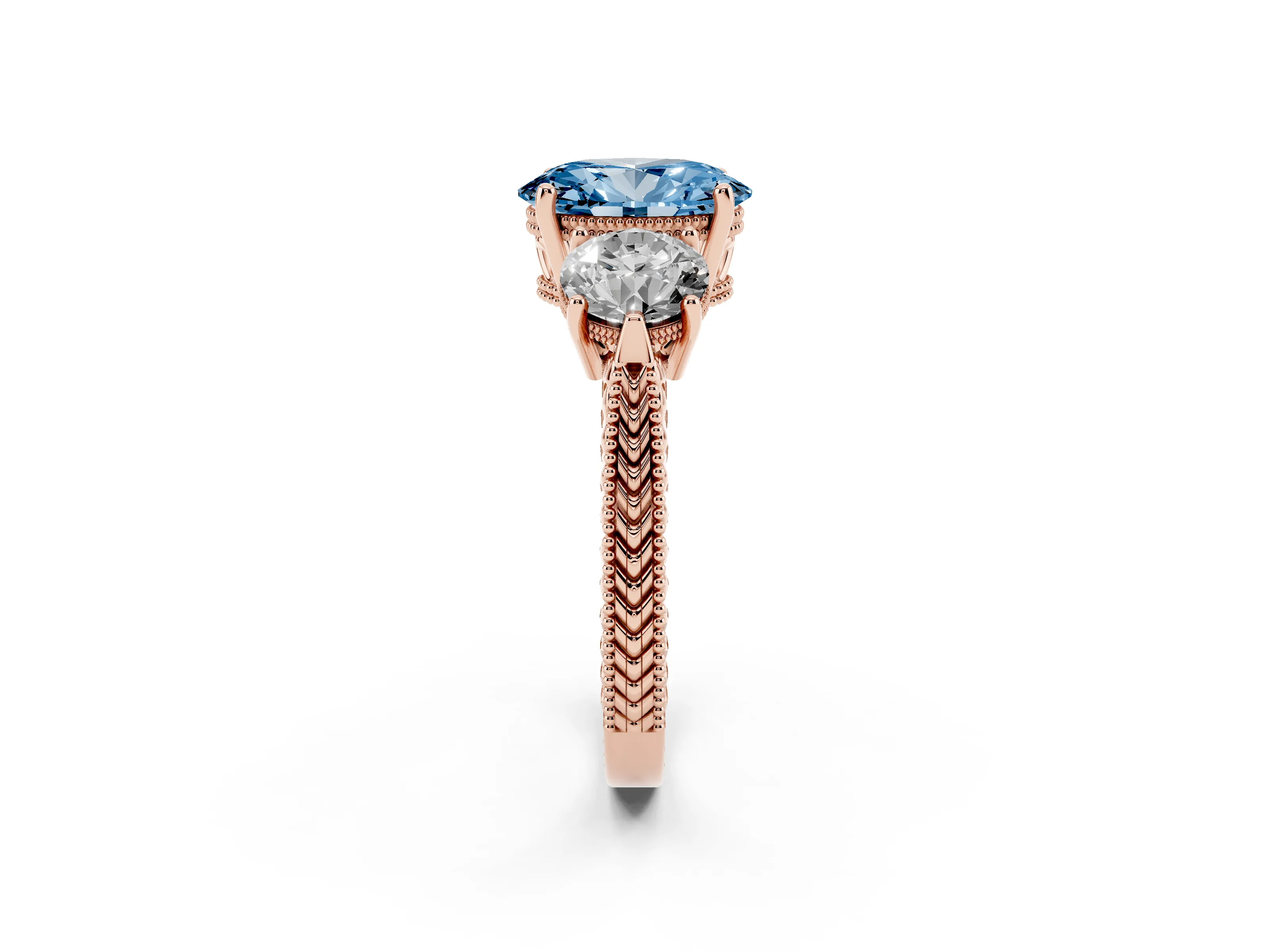 Fancy Blue Oval Cut Diamond Three-Stone Ring Set in Rose gold with Milgrain Band