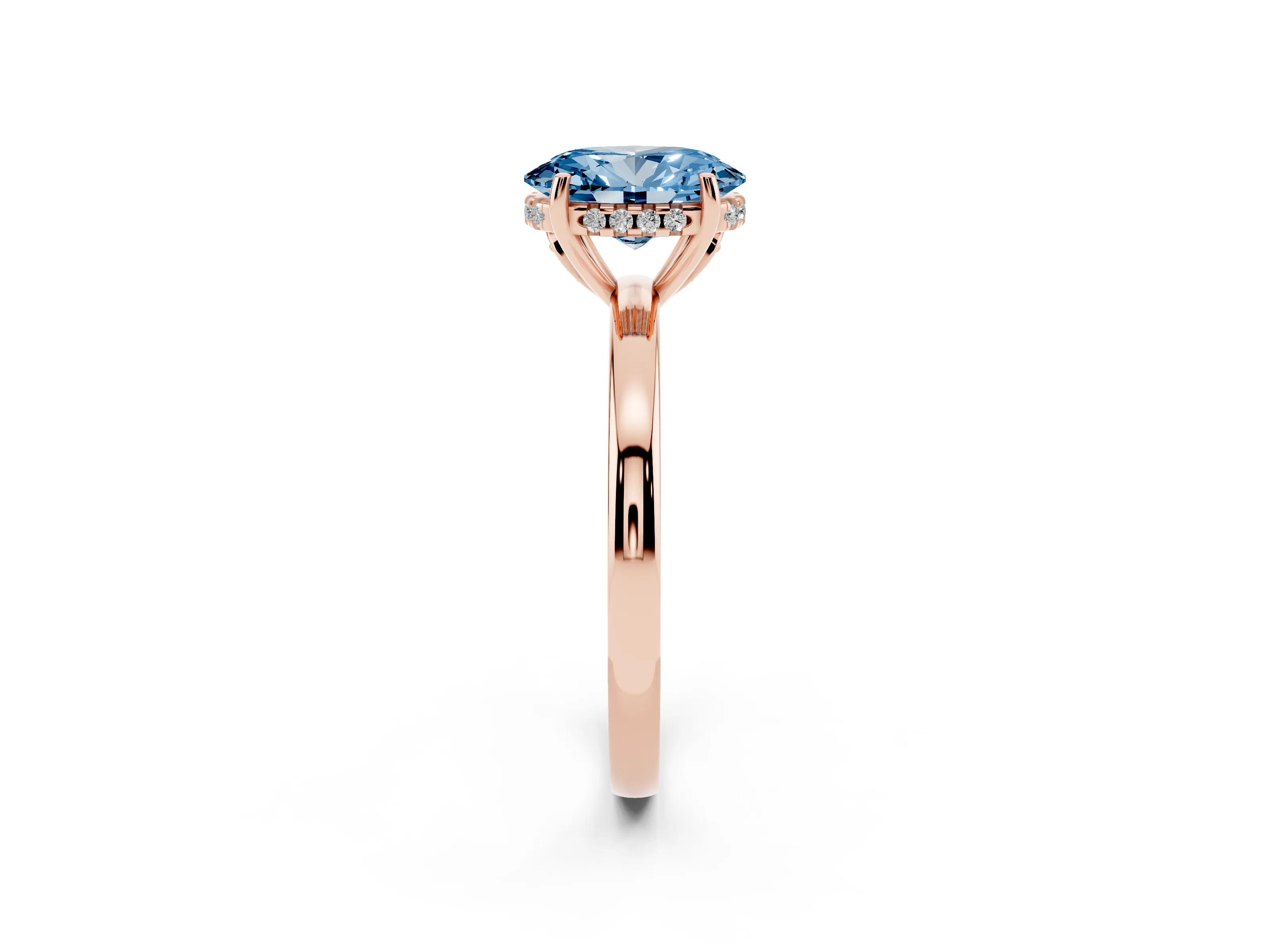 Fancy Blue Oval Cut Diamond Solitaire Ring Set in Rose gold with Plain Band and Prong Setting
