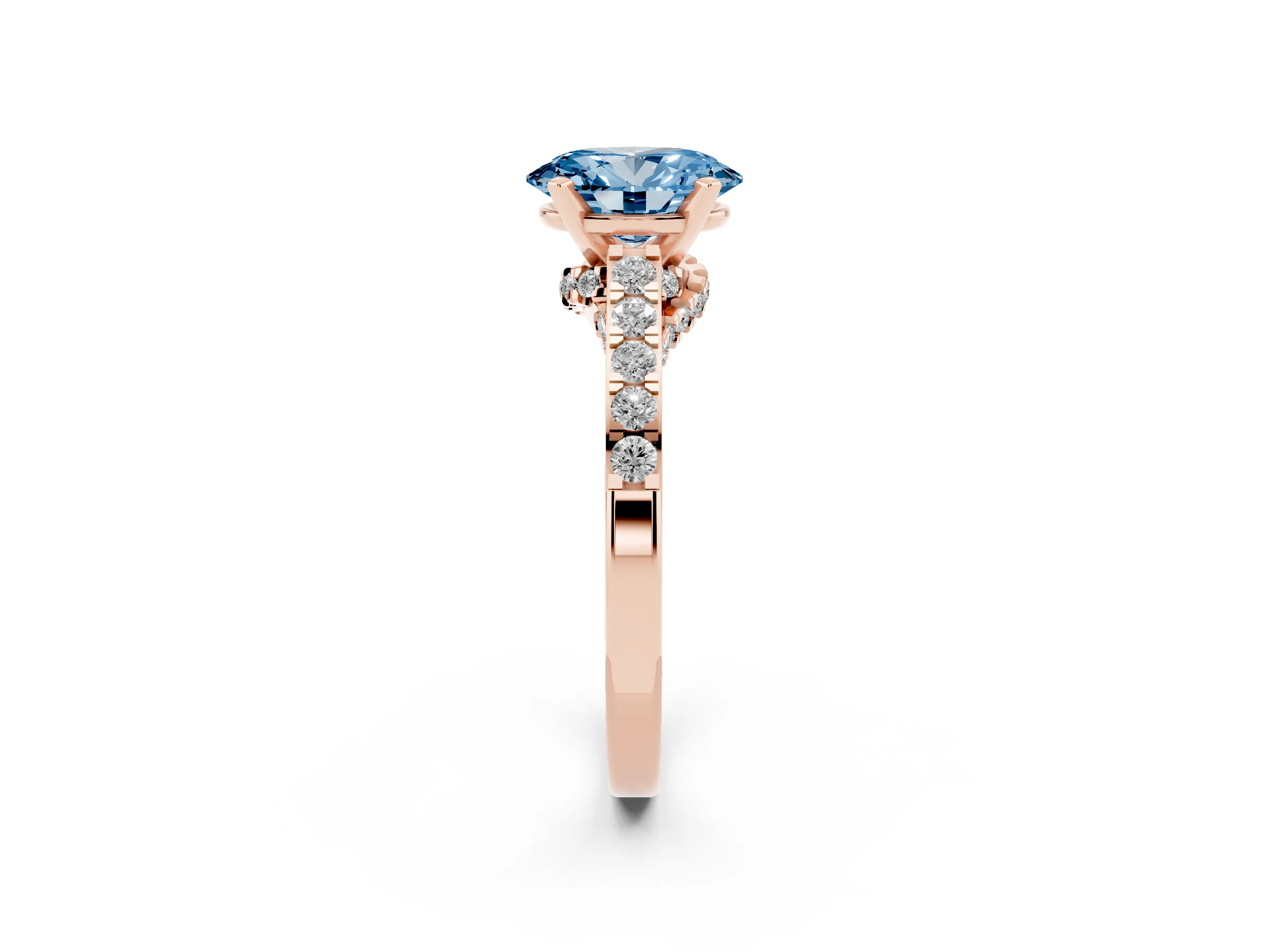 Fancy Blue Oval Cut Diamond Solitaire Ring Set in Rose gold with Crossover Gallery and Round Pavé Band