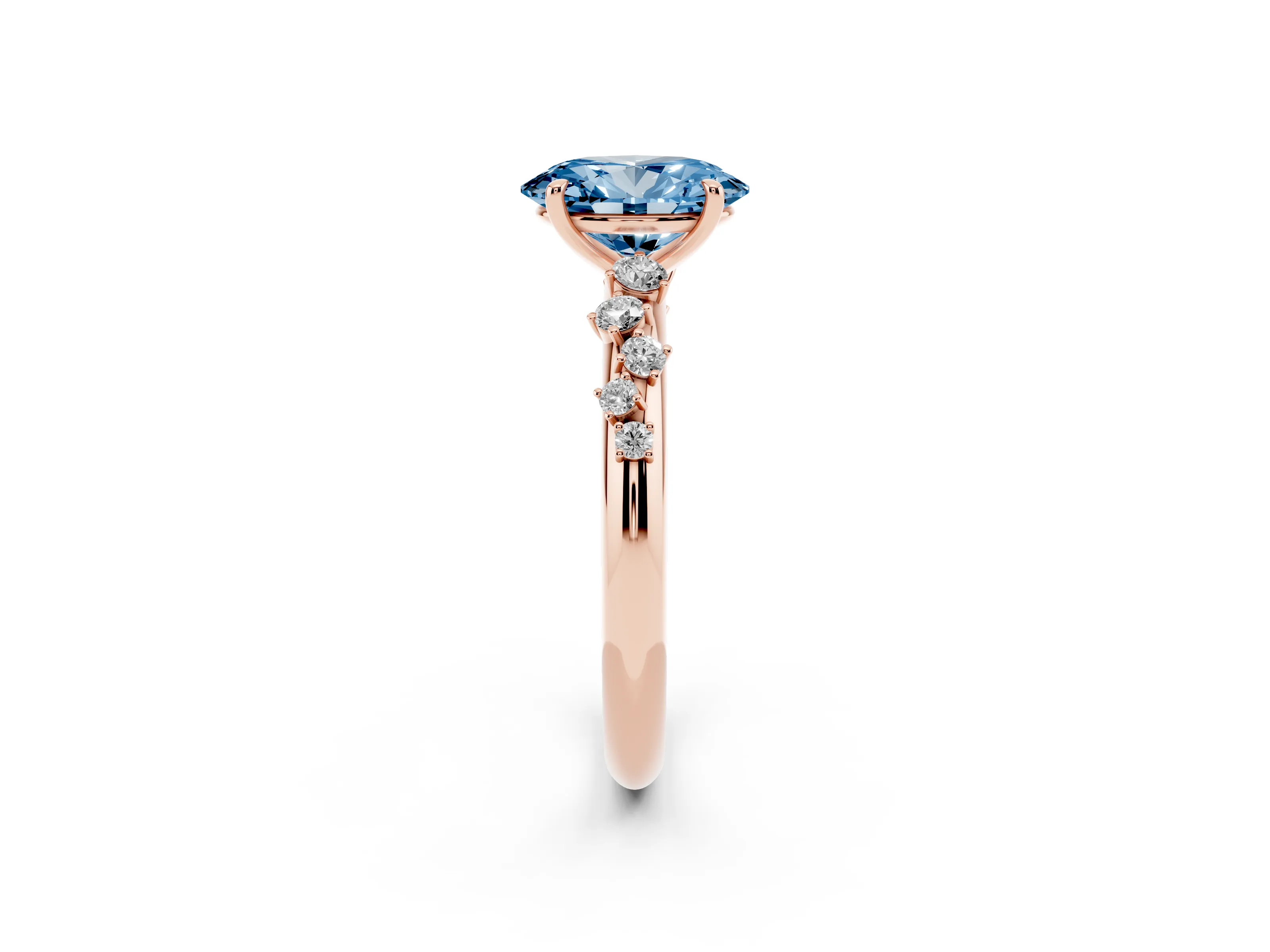 Fancy Blue Oval Cut Diamond Cluster Solitaire Ring Set in Rose gold with Prong Setting