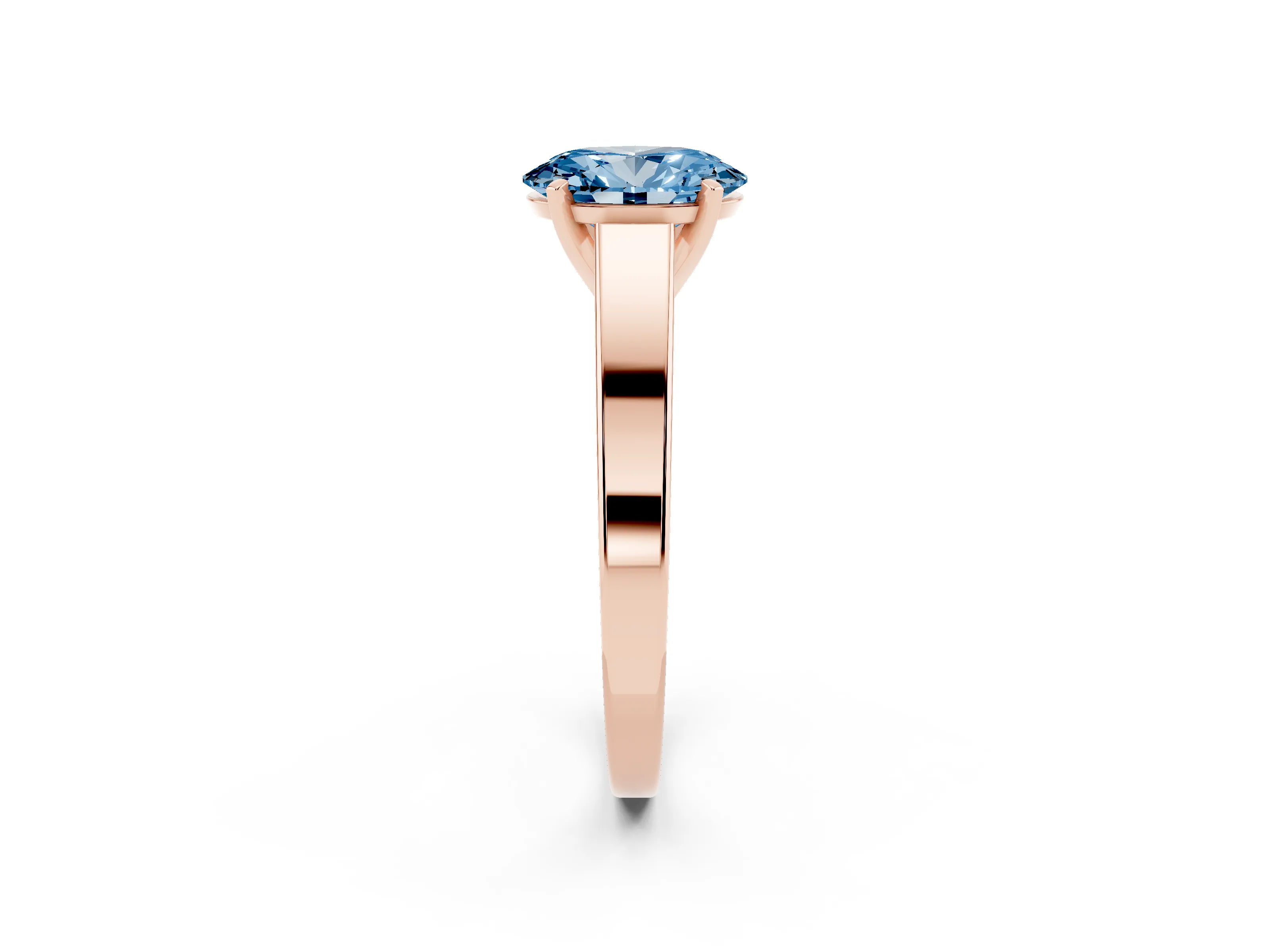 Fancy Blue Oval Cut Diamond Solitaire Engagement Ring Set in Rose gold with Prong Setting and Tapered Band