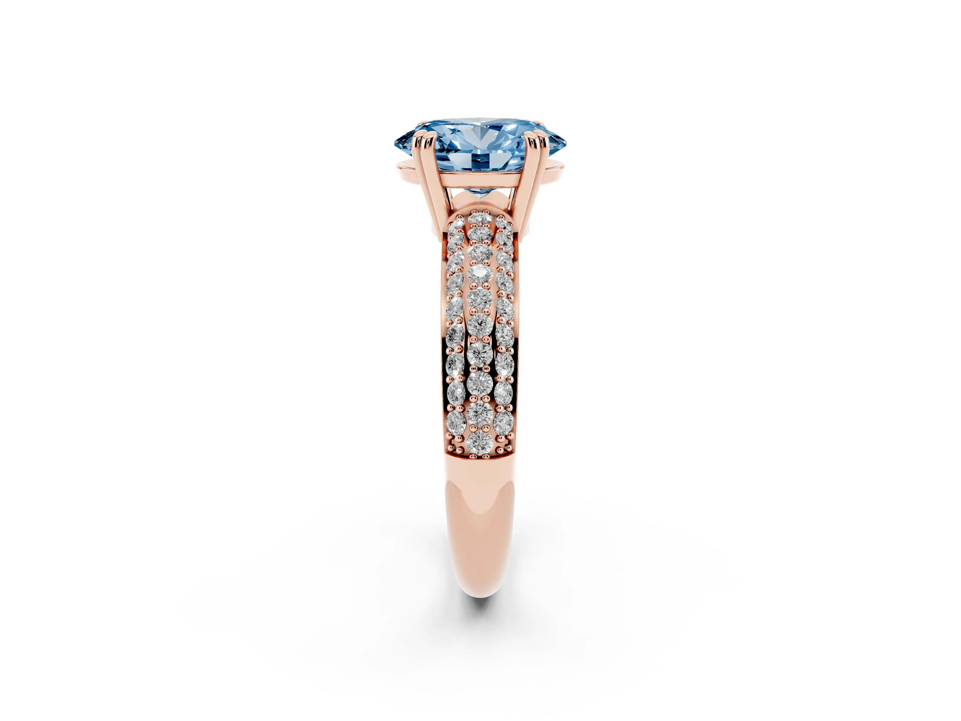 Fancy Blue Oval Cut Diamond Solitaire Ring Set in Rose gold with Multi-Row Round Pavé Band and Prong Setting