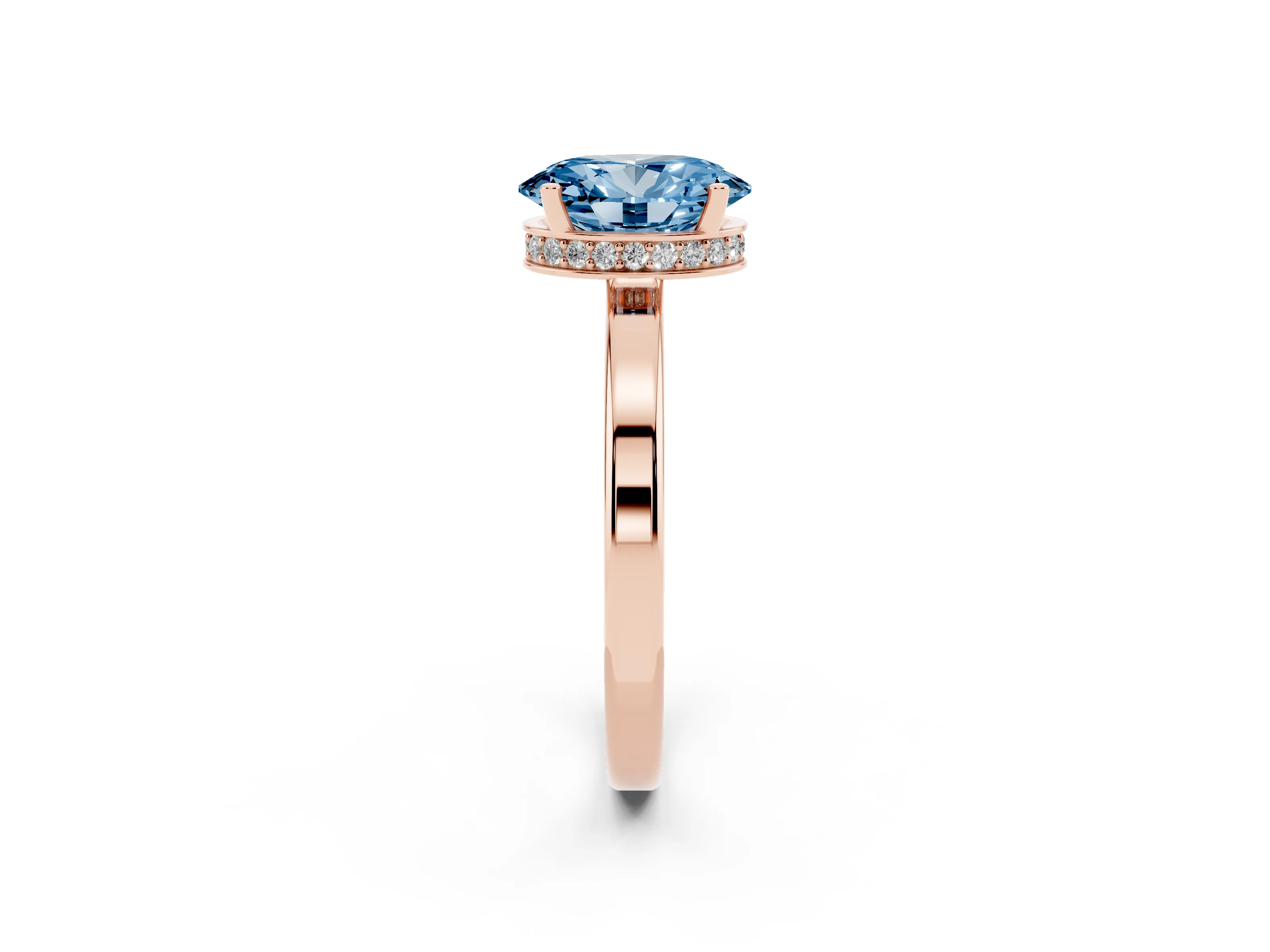 Fancy Blue Oval Cut Diamond Solitaire Engagement Ring Set in Rose gold with Prong Setting on a Plain Band