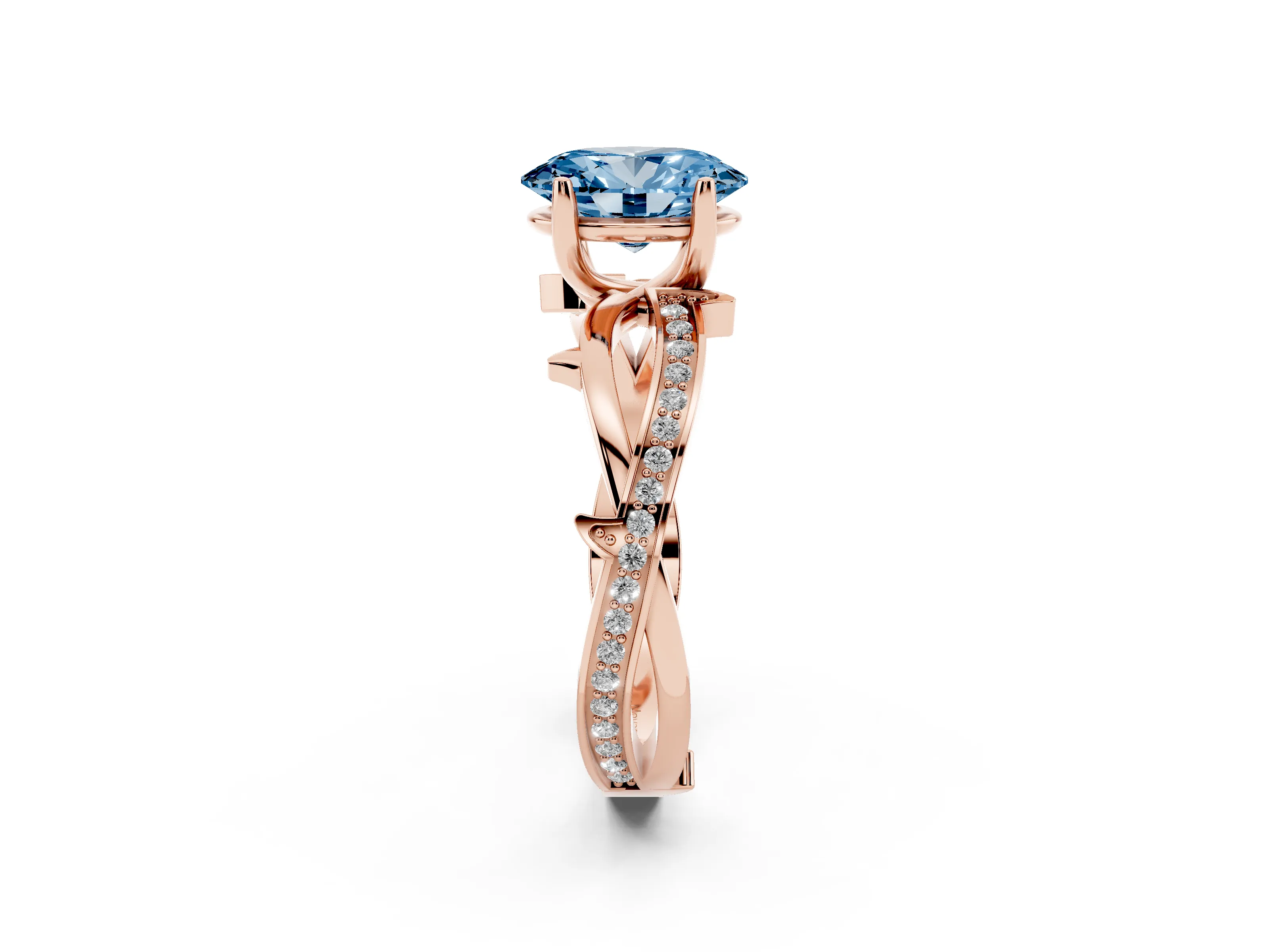 Fancy Blue Oval Cut Diamond Pavé Twist Band Solitaire Ring Set in Rose gold with Prong Setting