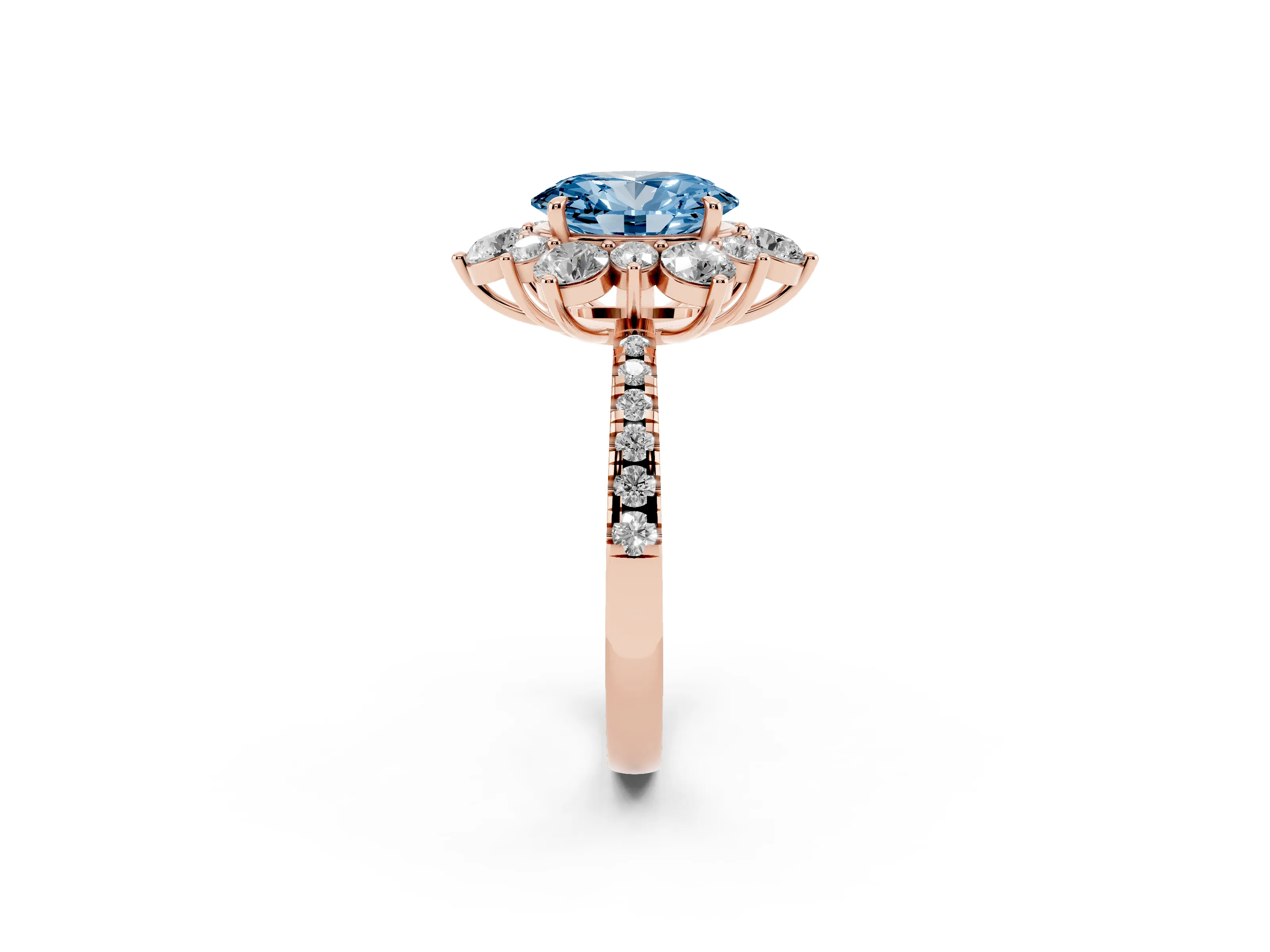 Fancy Blue Oval Cut Diamond Floral Halo Ring Set in Rose gold with Round Pavé Band and Prong Setting