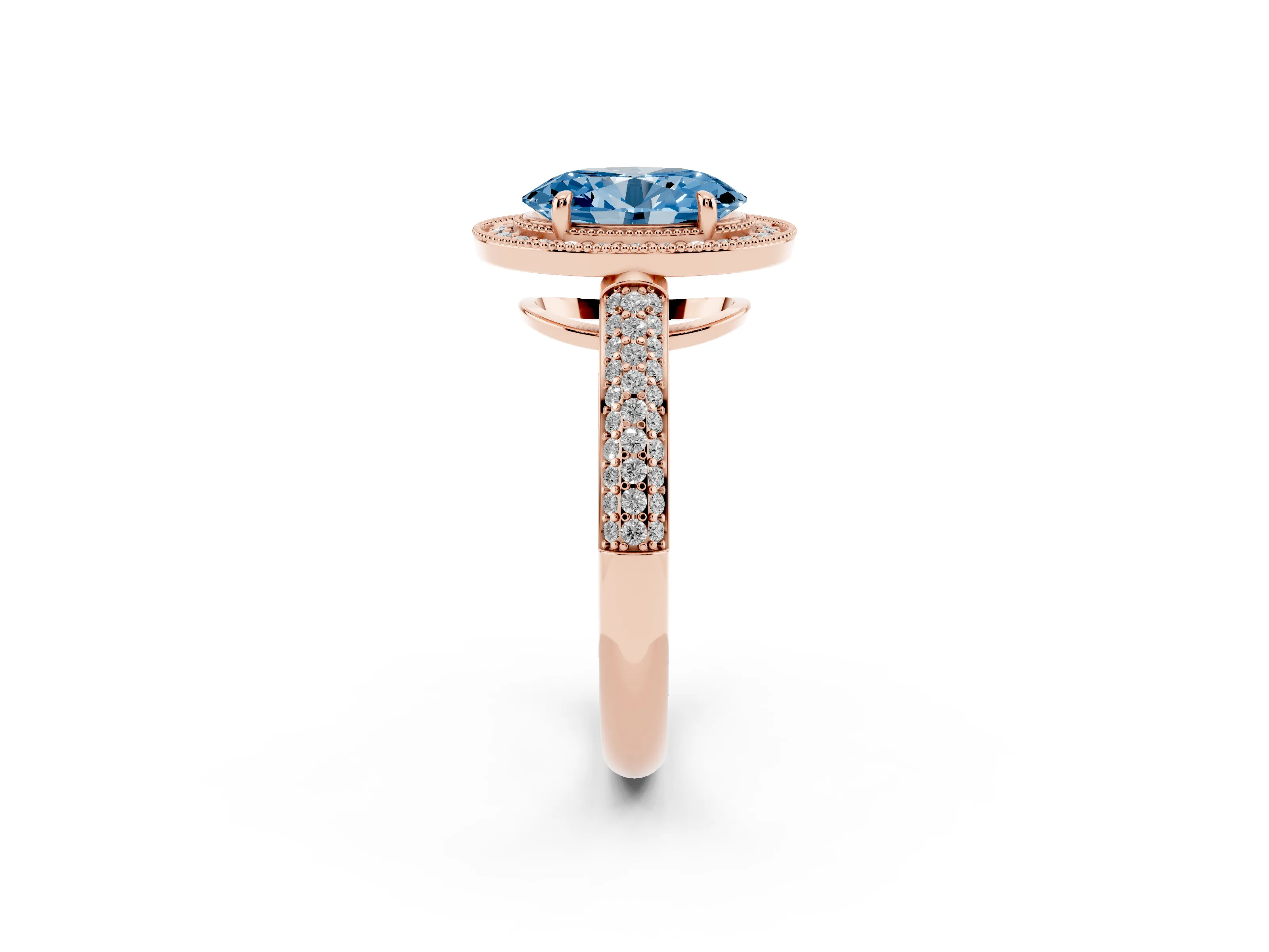 Fancy Blue Oval Cut Diamond Halo Pavé Band Set in Rose gold with Prong Setting