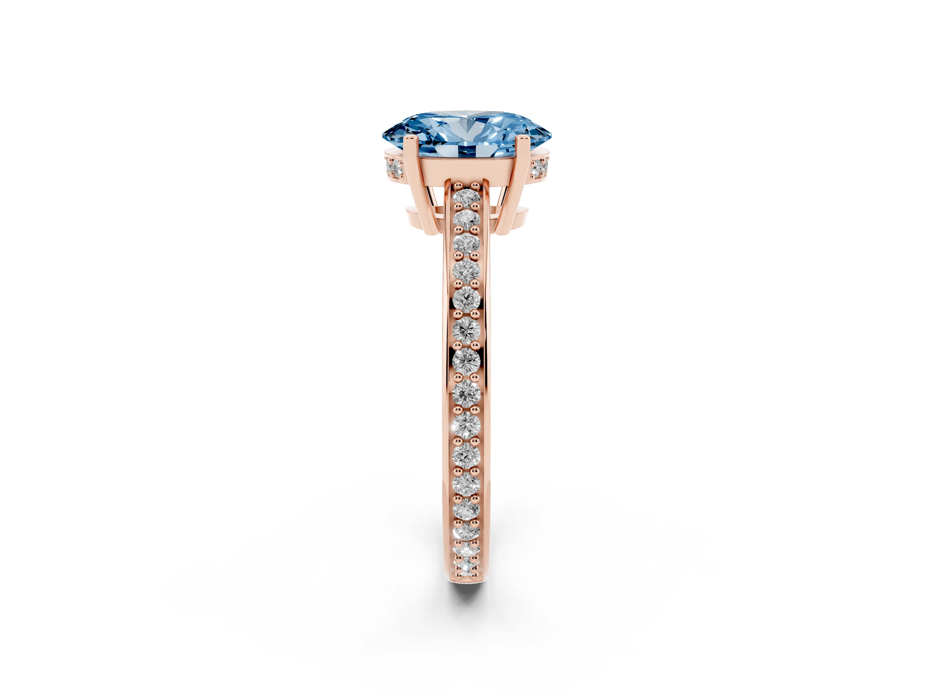 Fancy Blue Oval Cut Diamond Pavé Band Prong Set Solitaire Ring Set in Rose gold