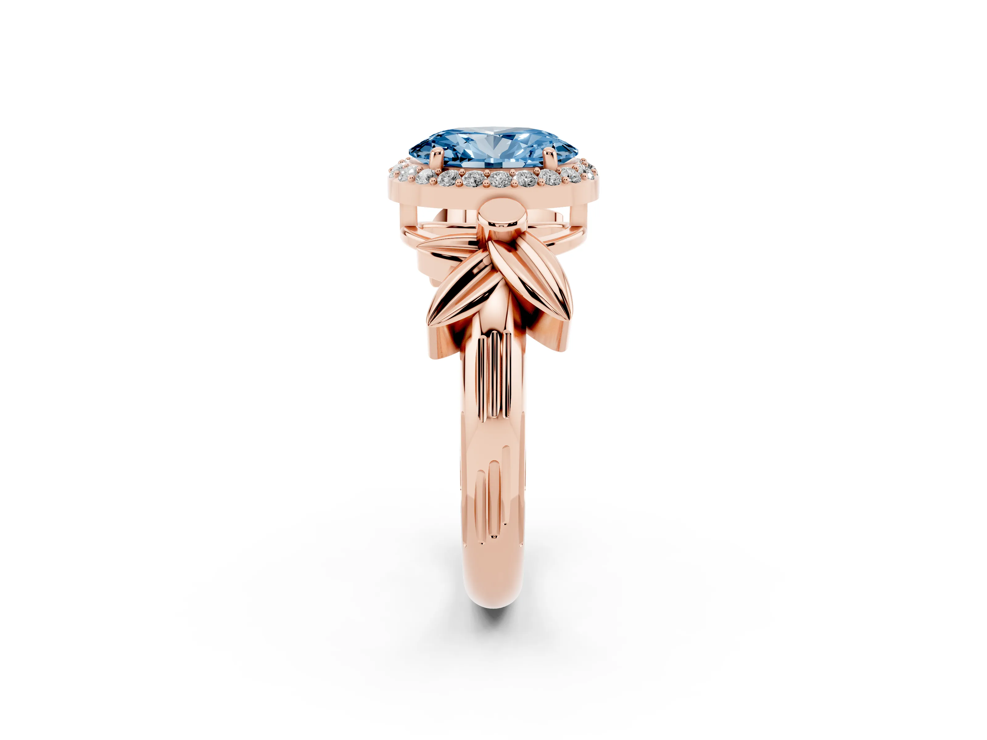 Fancy Blue Oval Cut Diamond Halo Floral Band Ring Set in Rose gold with Prong Setting