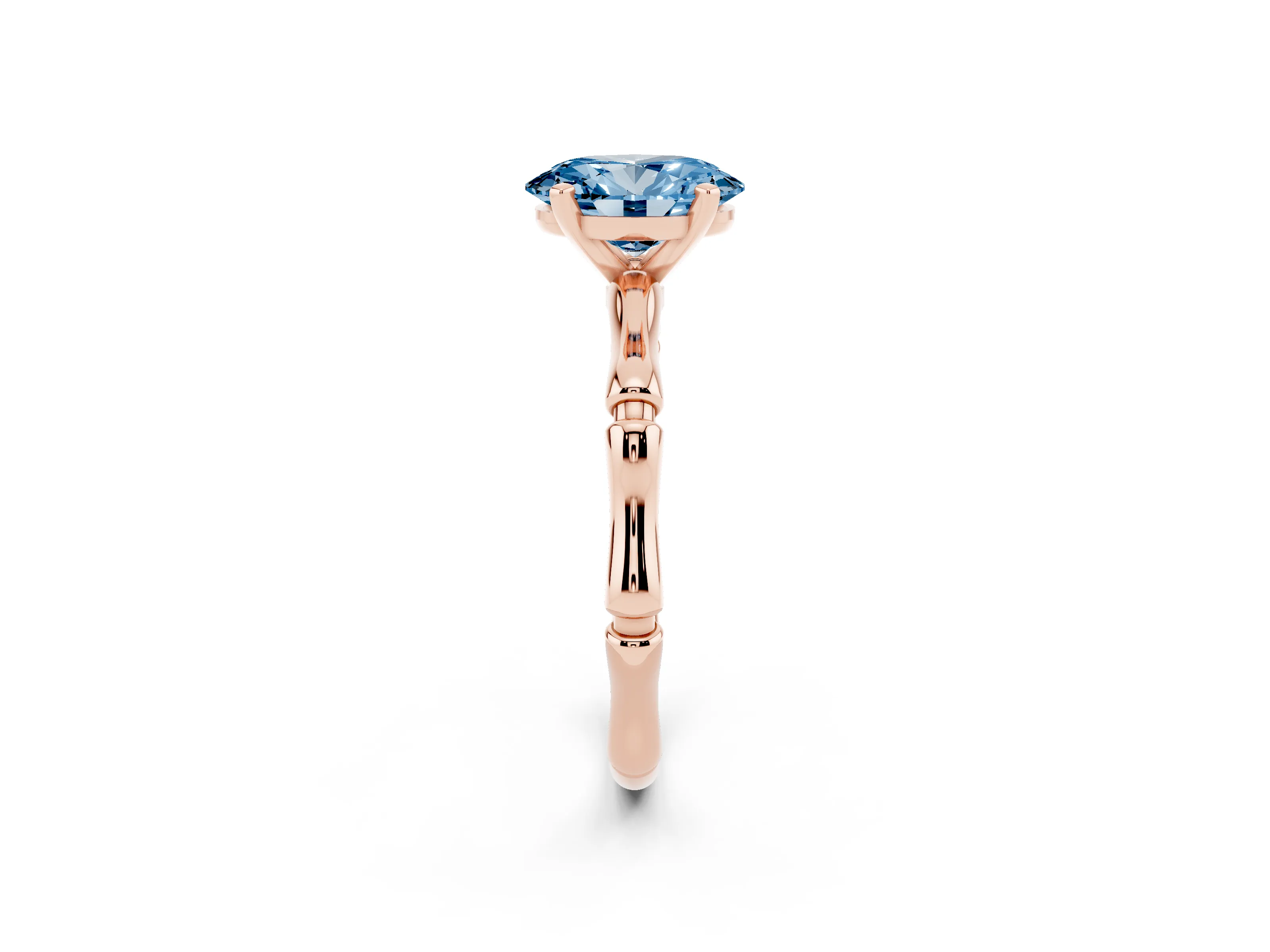 Fancy Blue Oval Cut Diamond Solitaire Ring Set in Rose gold with Bamboo Band and Prong Setting