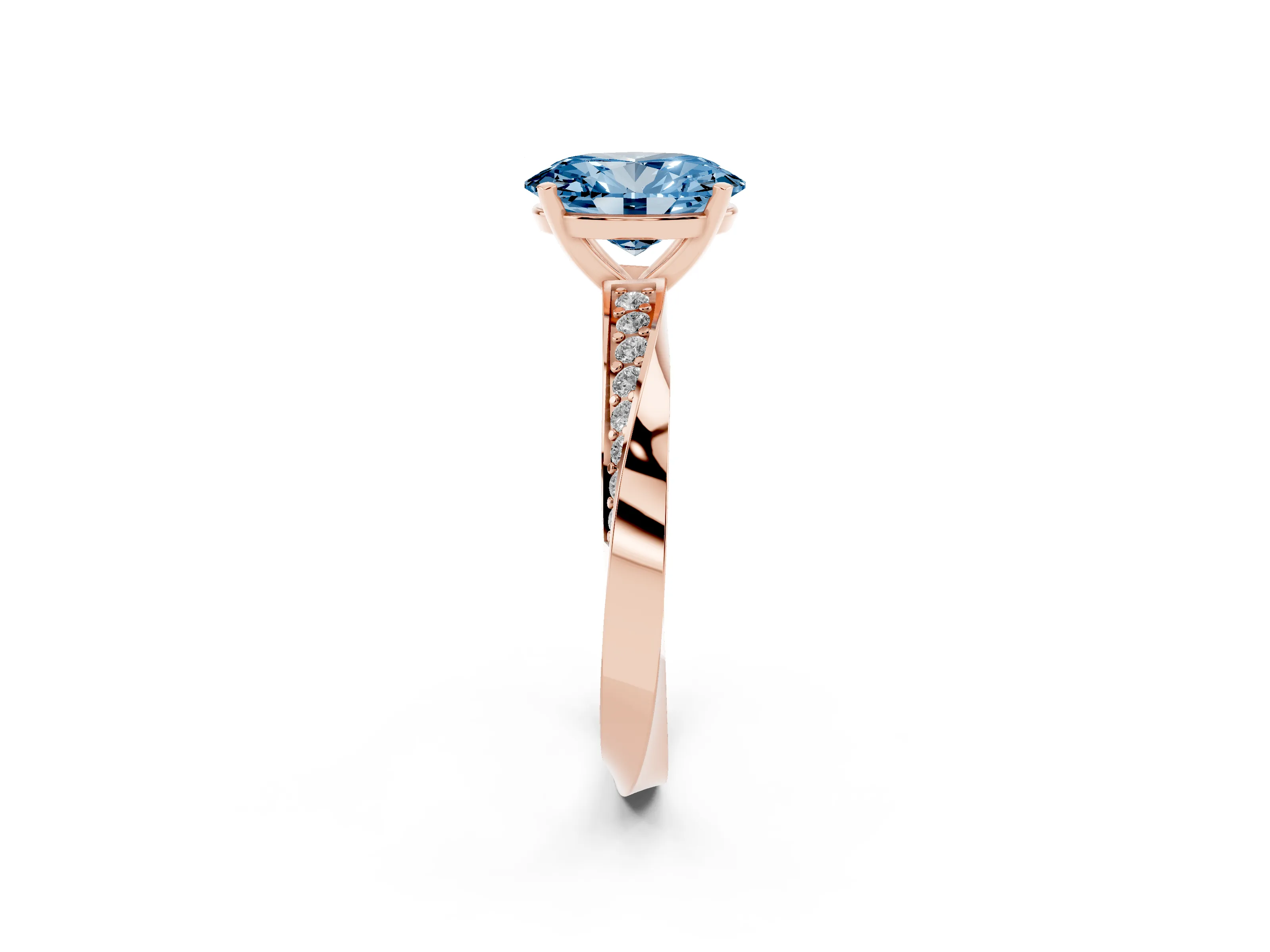 Fancy Blue Oval Cut Diamond Engagement Ring Set in Rose gold with Side Stone Accents and Prong Setting