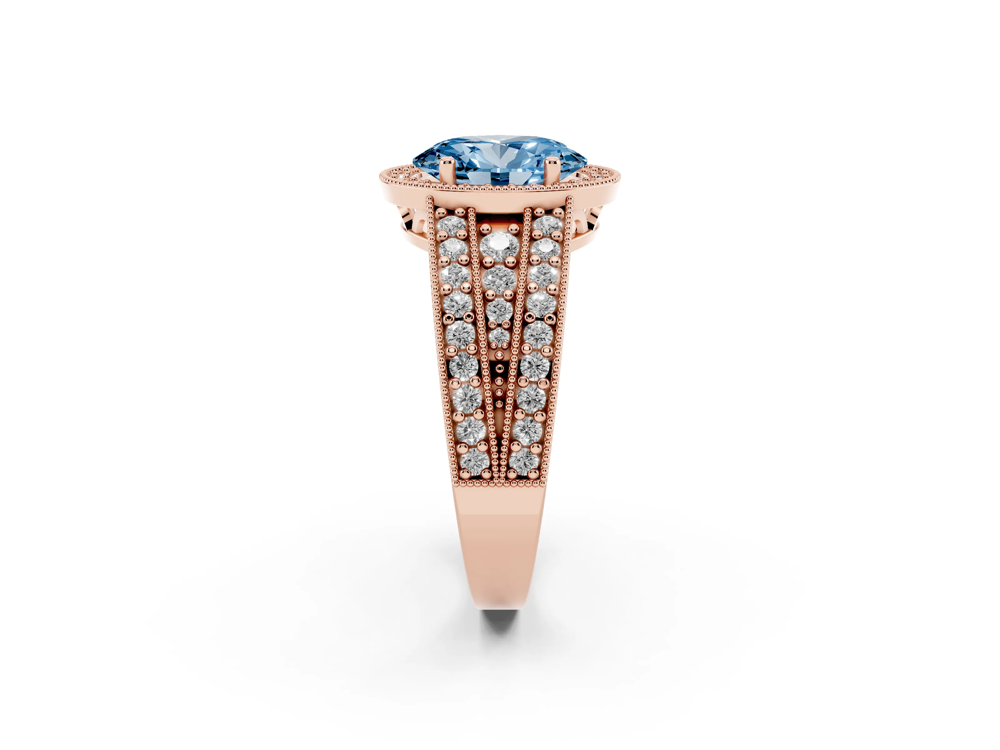 Fancy Blue Oval Cut Diamond Halo Ring Set in Rose gold with Accent Split Shank and Prong Setting