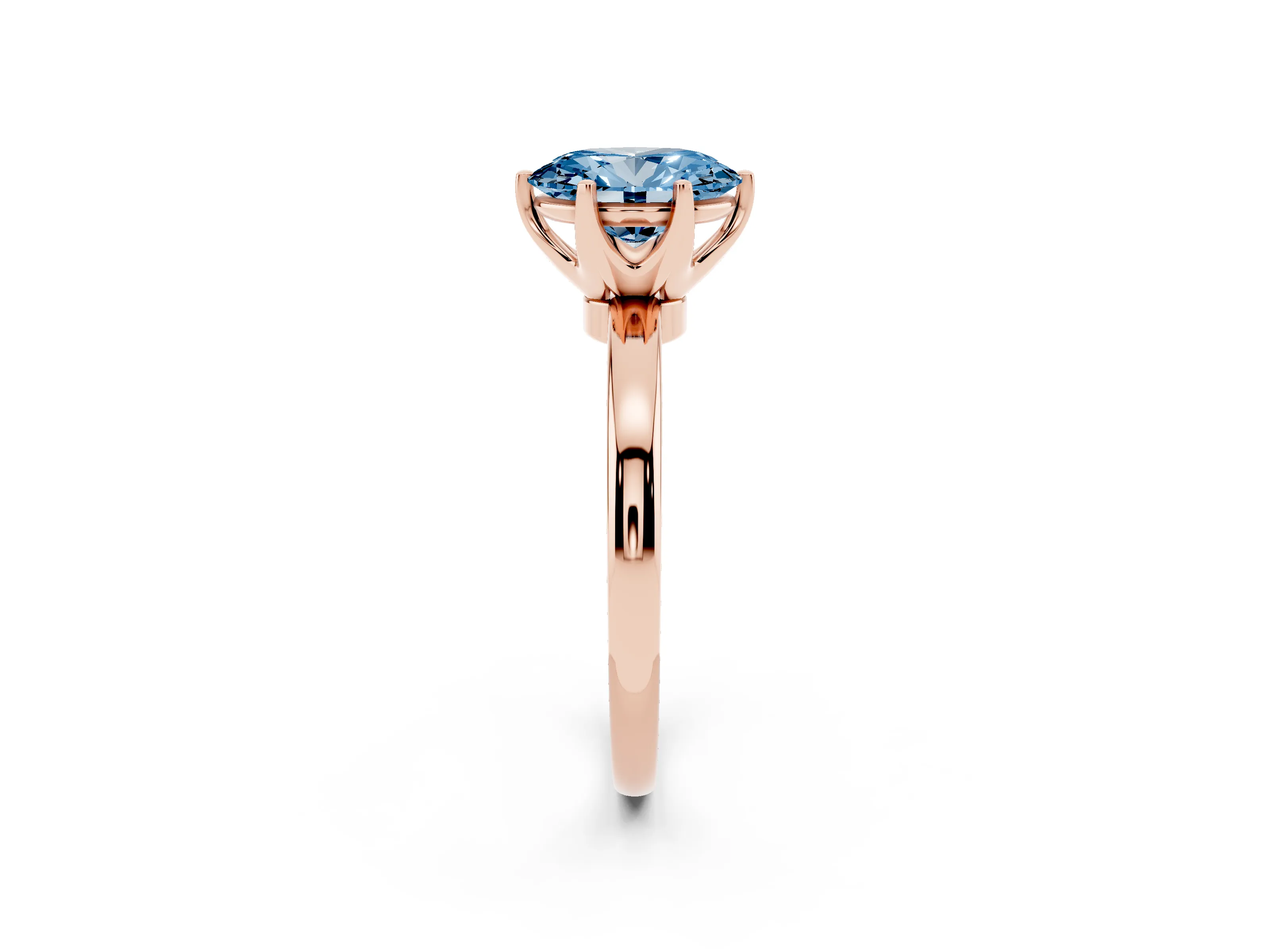 Fancy Blue Oval Cut Diamond Solitaire Ring Set in Rose gold with Raised Prong Setting on a Classic Band