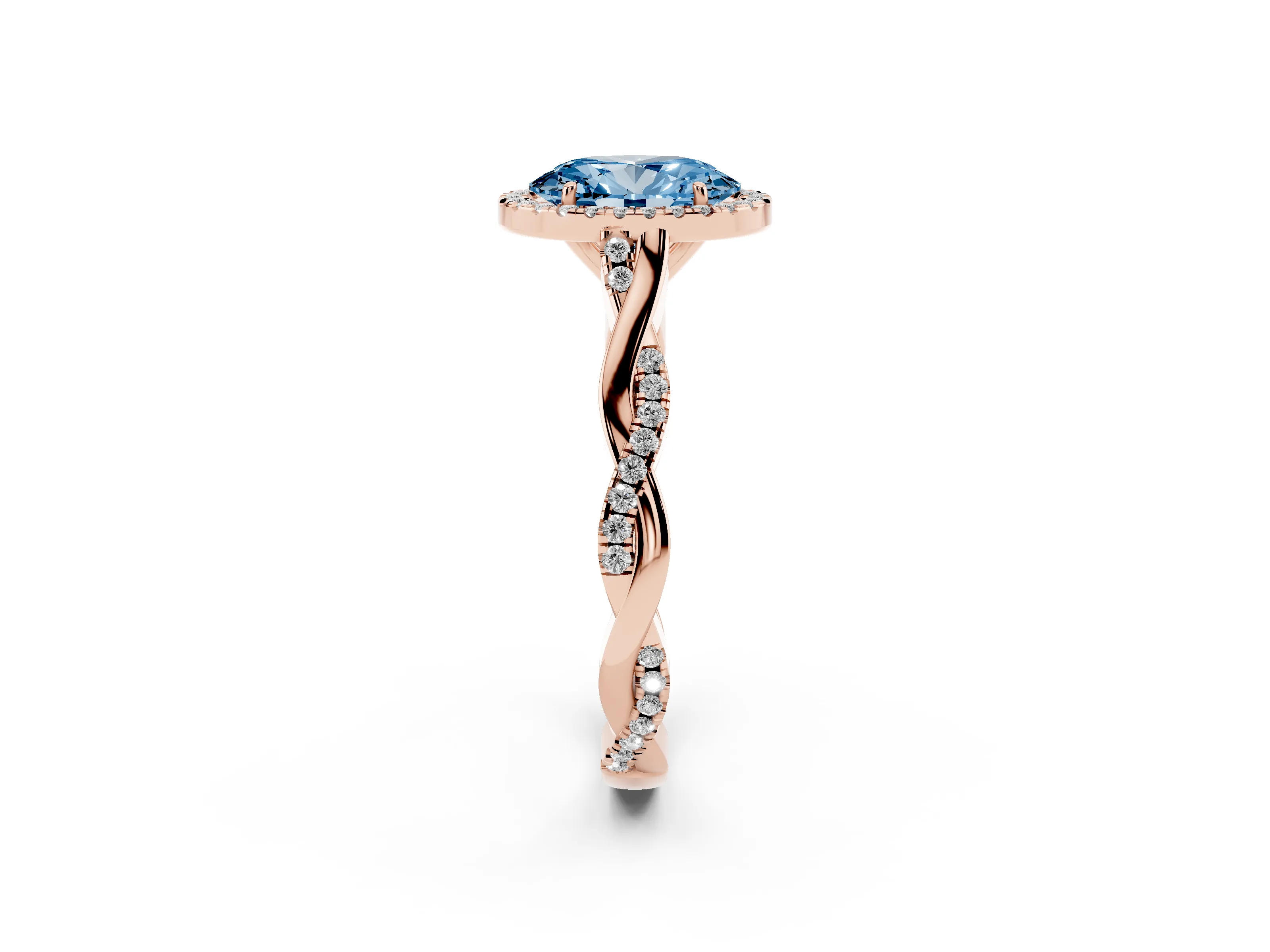 Fancy Blue Oval Cut Diamond Halo Twist Band Solitaire Ring Set in Rose gold with Prong Setting