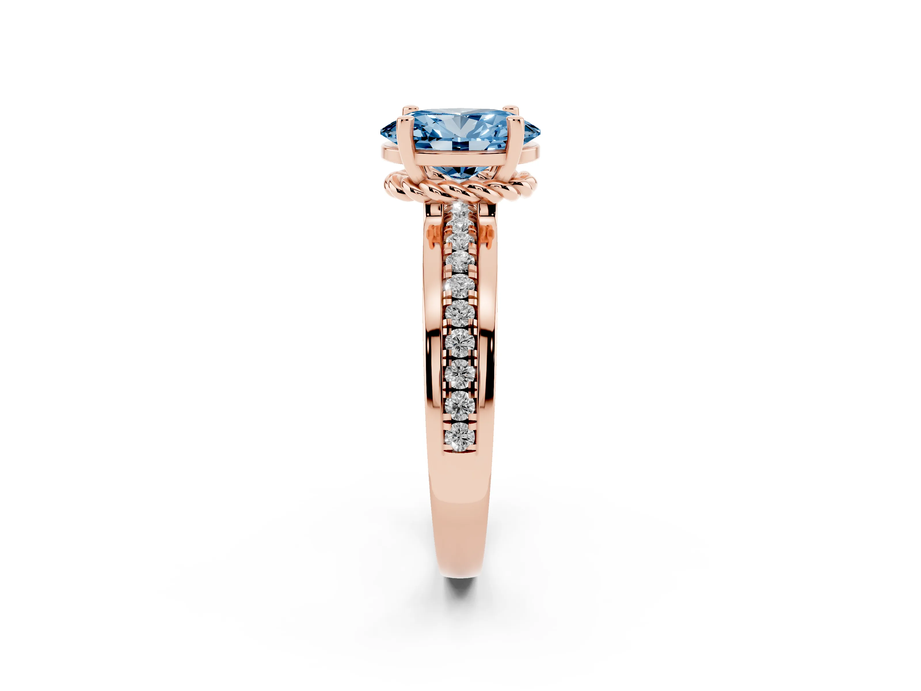 Fancy Blue Oval Cut Diamond Solitaire Ring Set in Rose gold with Channel Set Band and Prong Setting