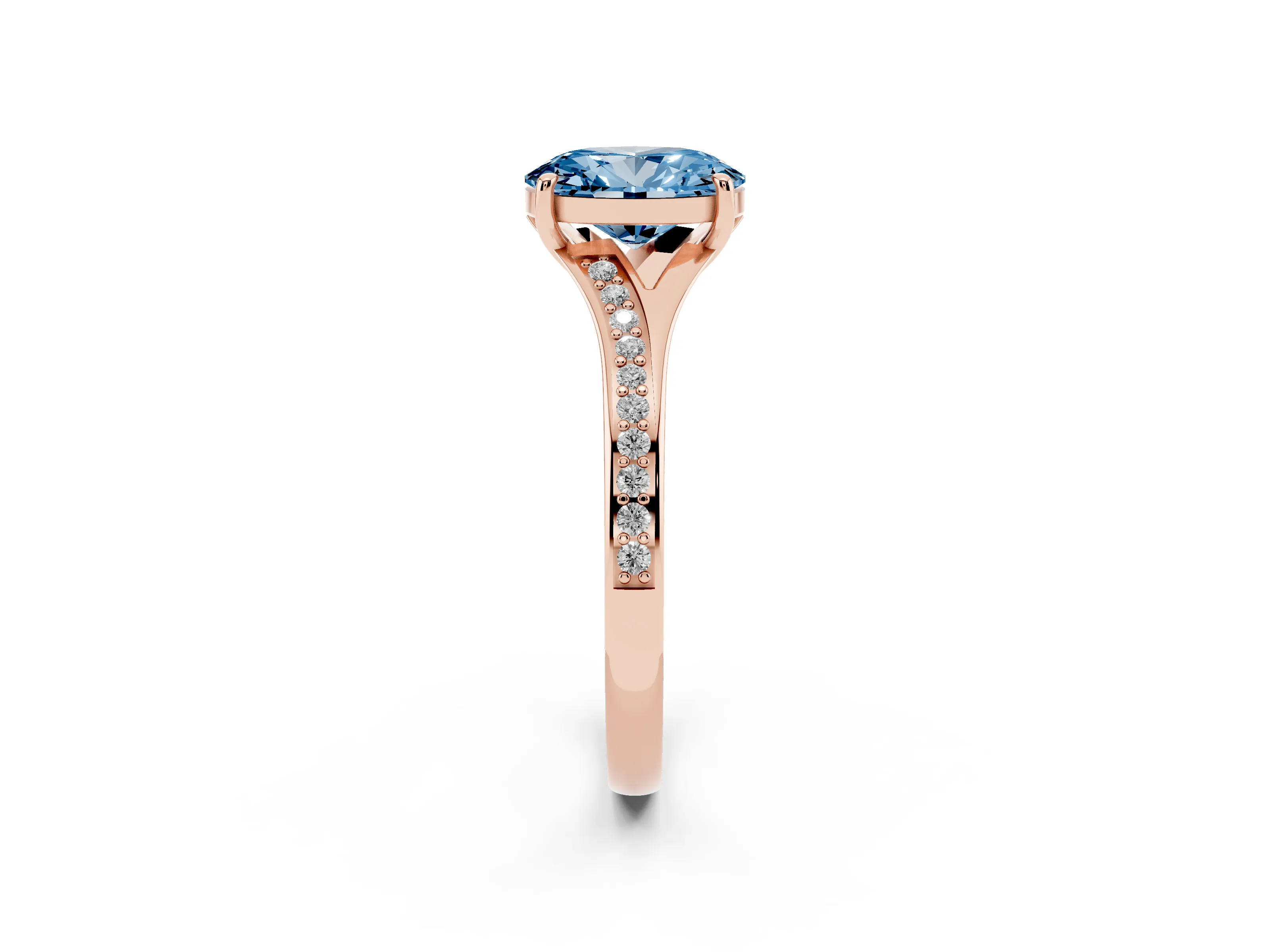 Fancy Blue Oval Cut Diamond Solitaire Ring Set in Rose gold with Pavé Accent Band and Classic Prong Setting