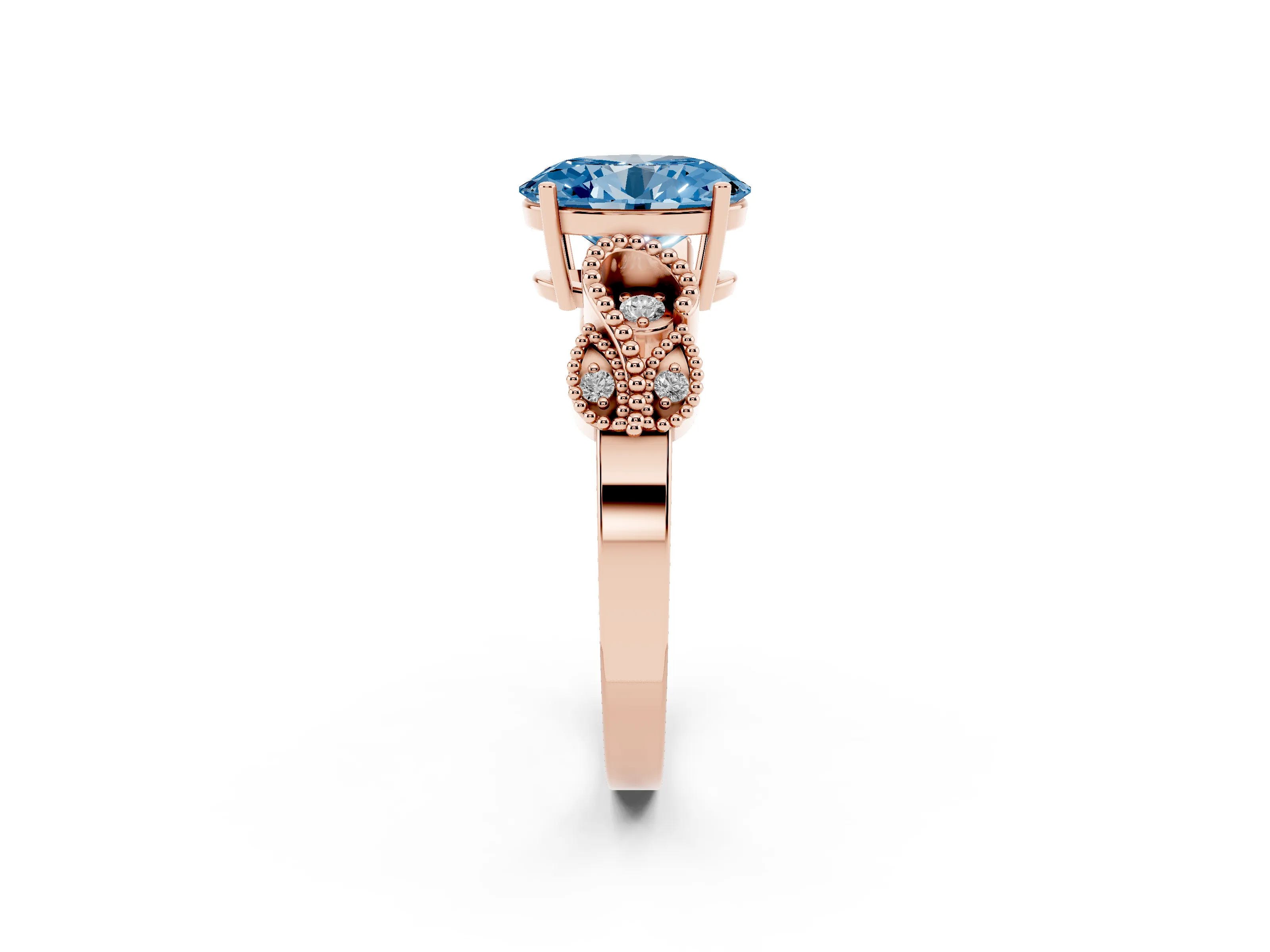 Fancy Blue Oval Cut Diamond Milgrain Leaf Band Solitaire Ring Set in Rose gold with Accent Stones and Prong Setting