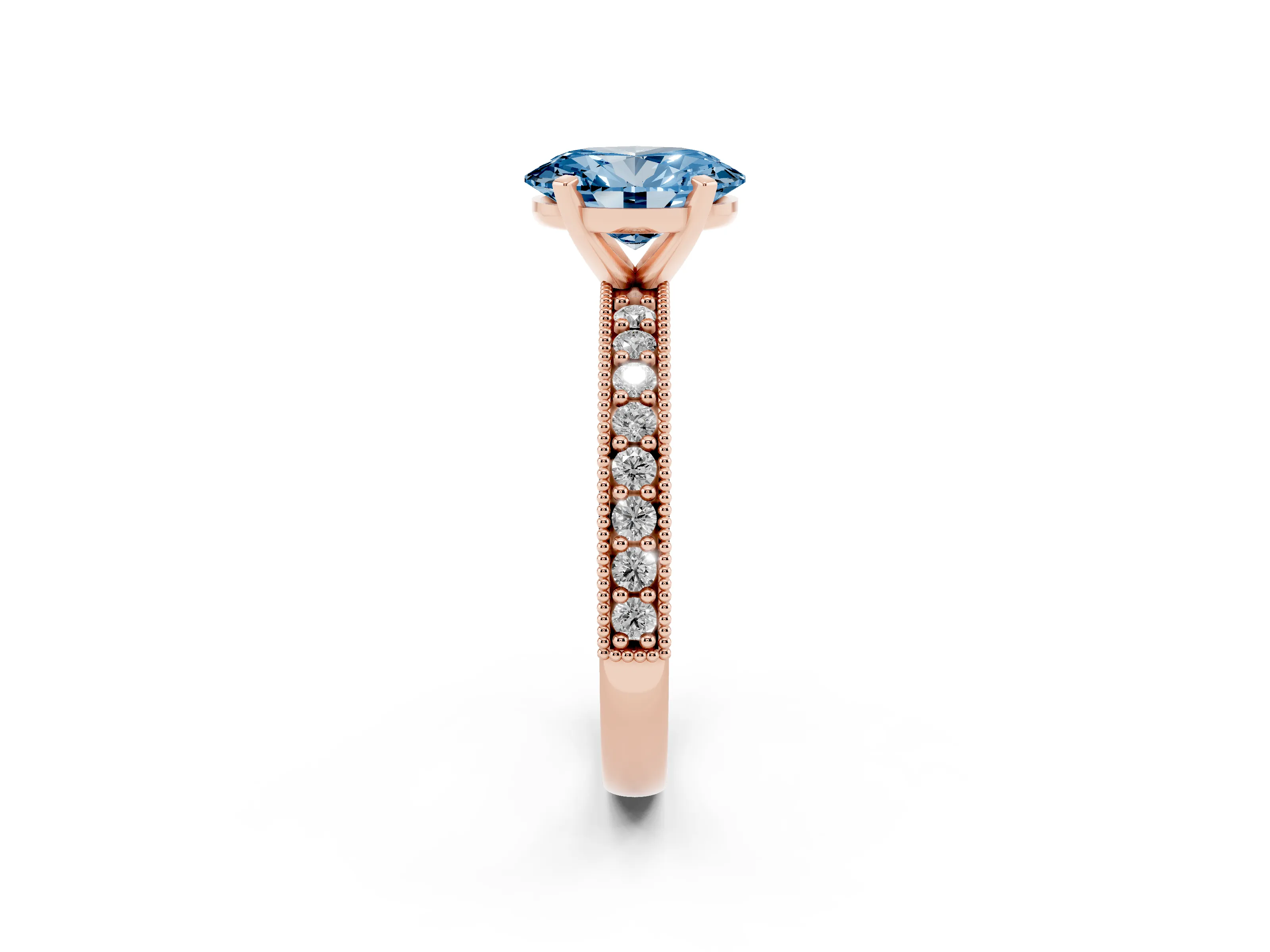 Fancy Blue Oval Cut Diamond Milgrain Pavé Engagement Ring Set in Rose gold with Prong Setting