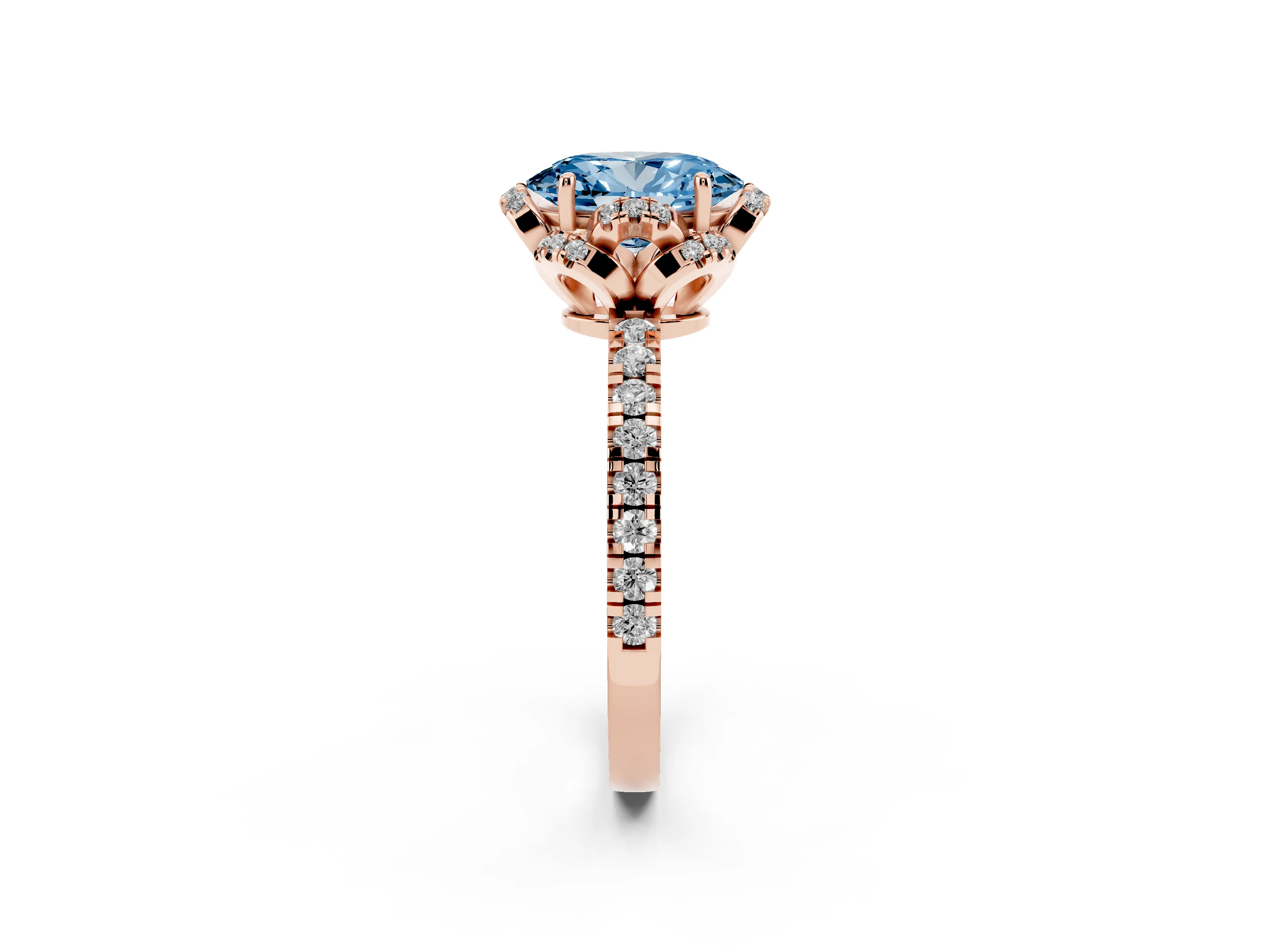 Fancy Blue Oval Cut Diamond Halo Pavé Band Ring Set in Rose gold with Prong-Held Center