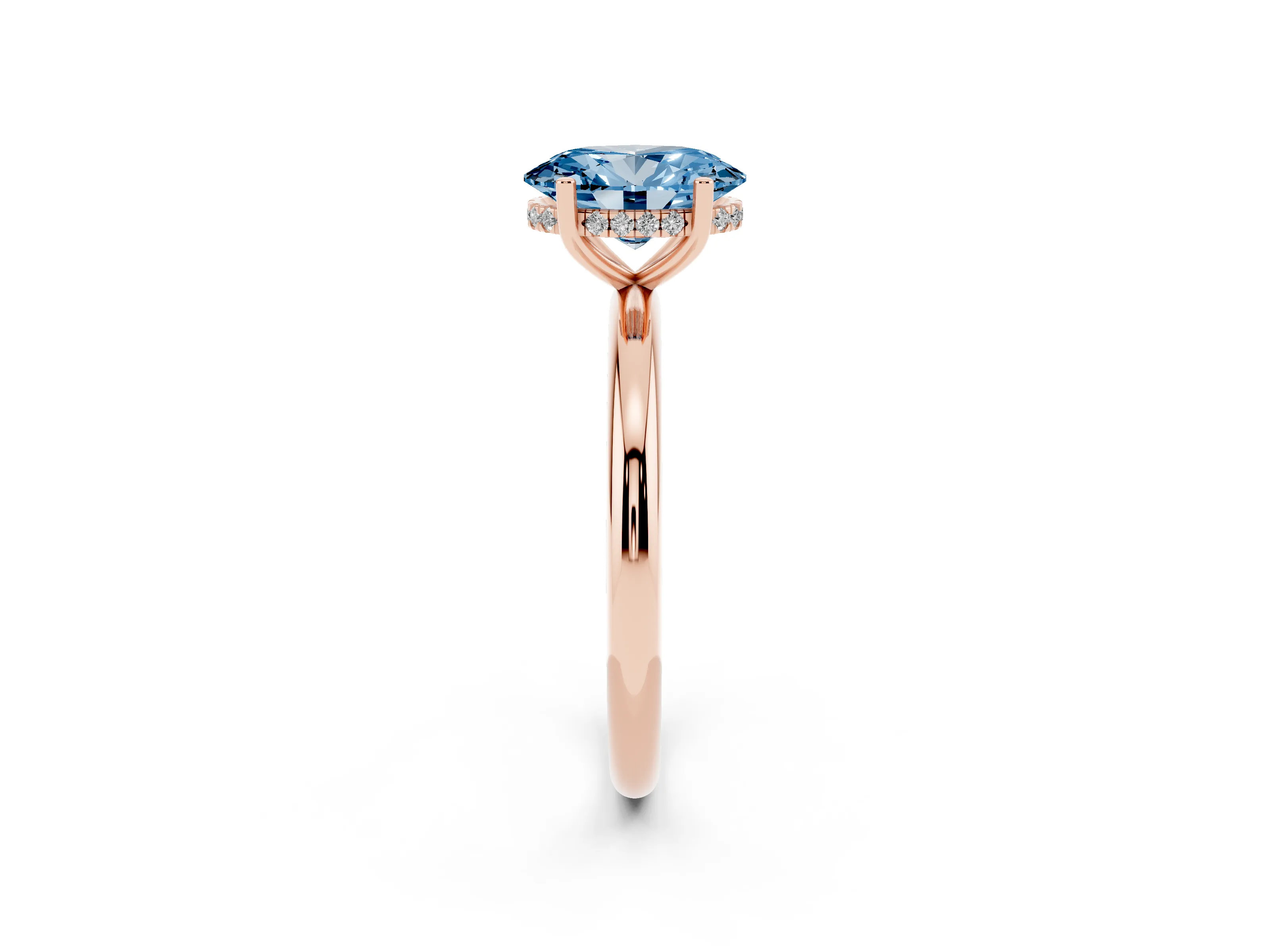 Fancy Blue Oval Cut Diamond Solitaire Engagement Ring Set in Rose gold with Prong Setting and Polished Band