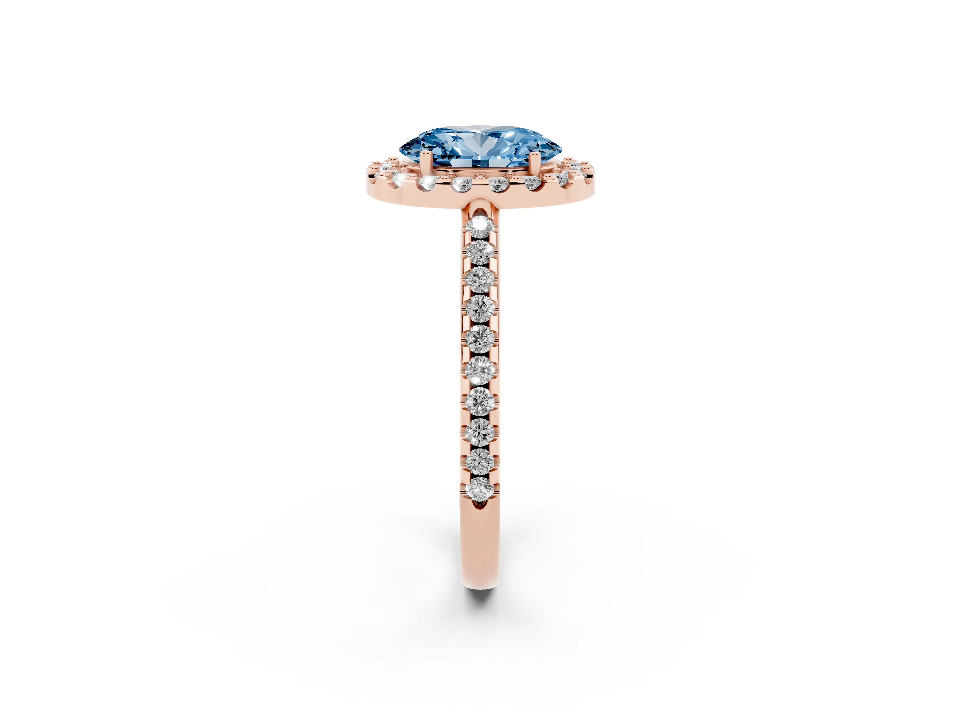 Fancy Blue Oval Cut Diamond Pavé Halo Ring Set in Rose gold with Prong Setting
