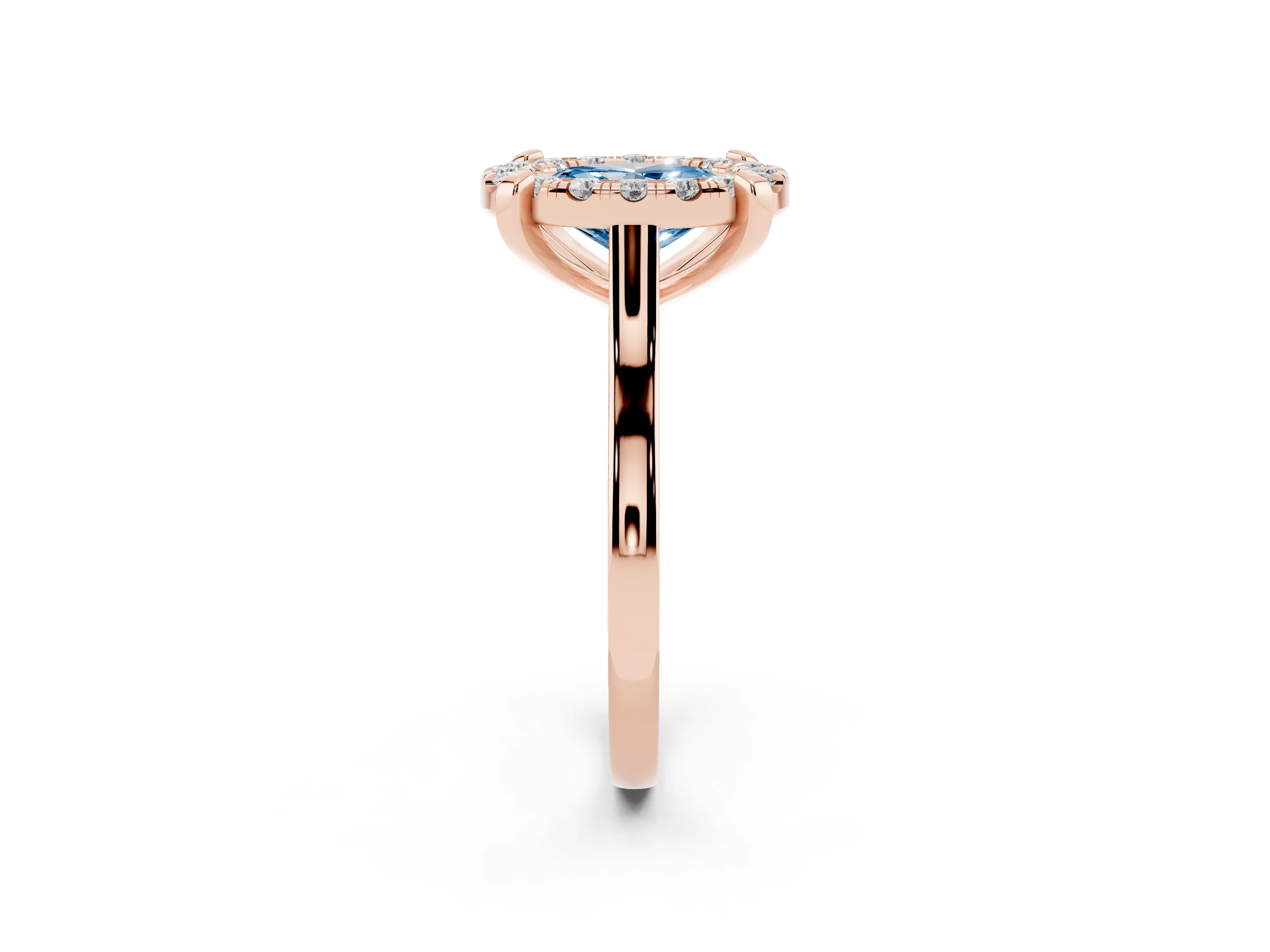 Fancy Blue Oval Cut Diamond Cluster Halo Solitaire Ring Set in Rose gold with Prong Setting