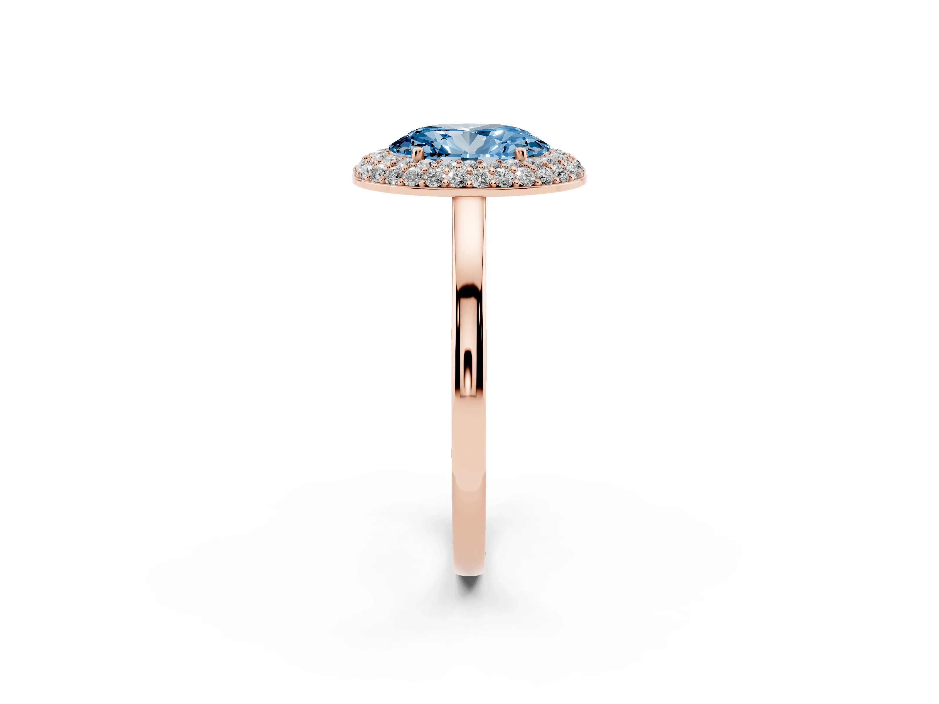 Fancy Blue Oval Cut Diamond Halo Engagement Ring Set in Rose gold with Solitaire Band and Prong Setting
