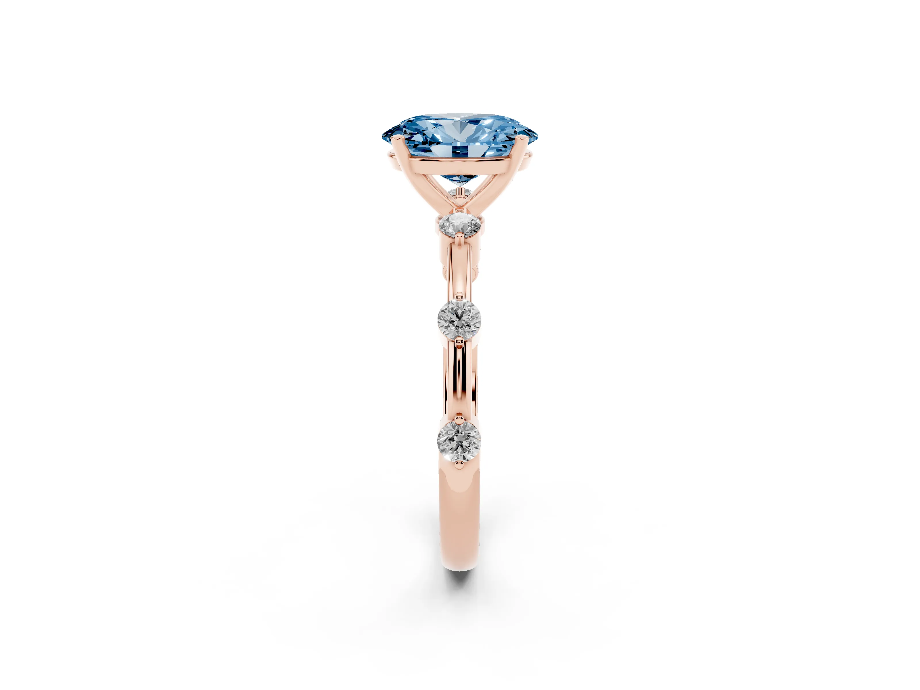 Fancy Blue Oval Cut Diamond Solitaire Ring Set in Rose gold with Bezel Set Side Stones and Prong Setting