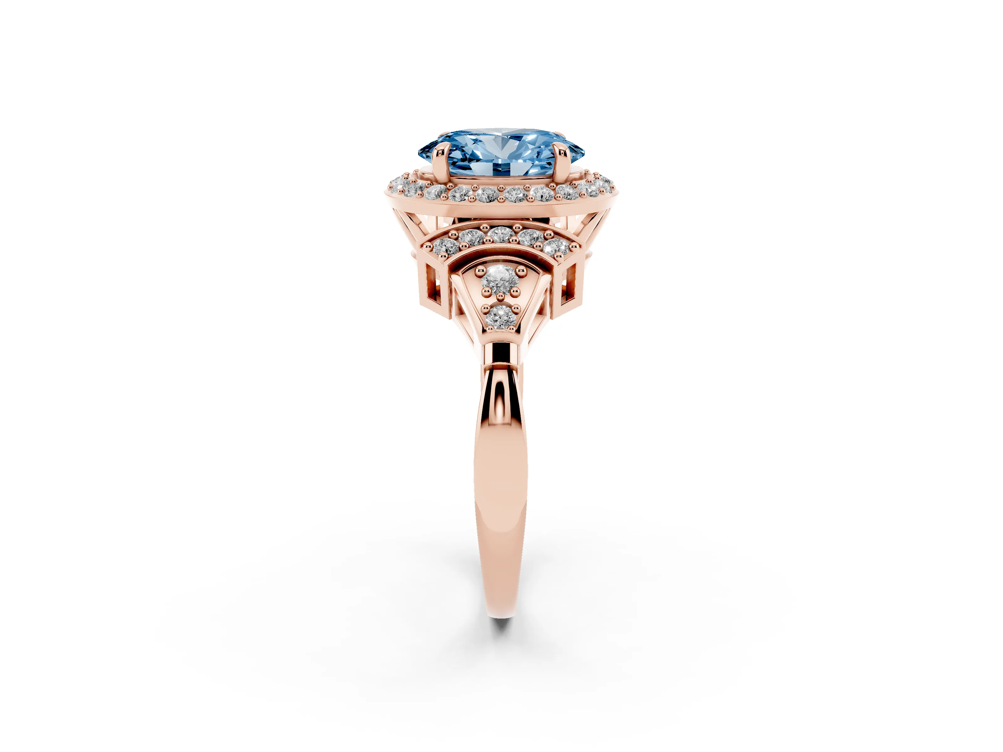 Fancy Blue Oval Cut Diamond Halo Engagement Ring Set in Rose gold with Accent Stone Split Shank