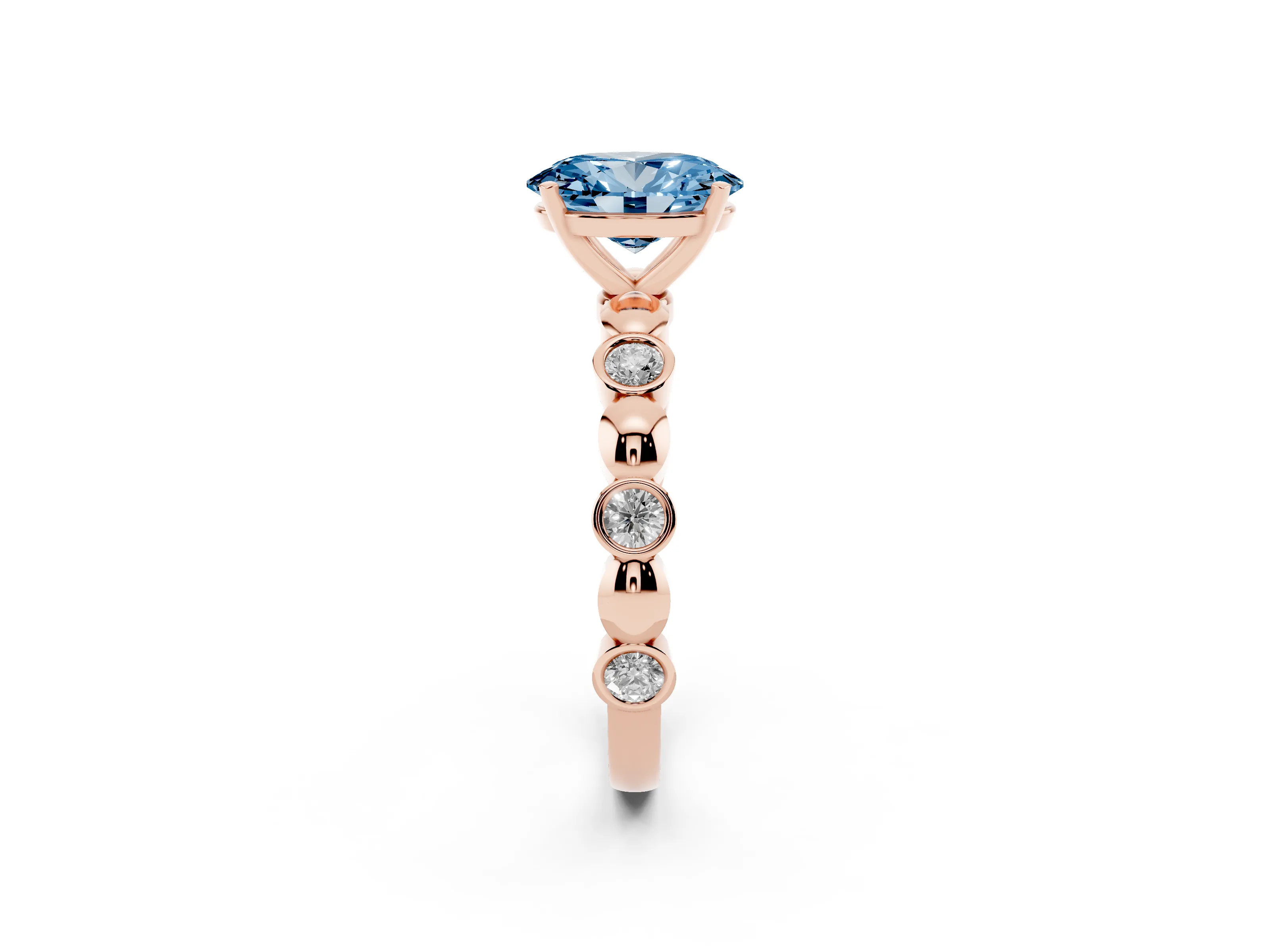 Fancy Blue Oval Cut Diamond Solitaire Ring Set in Rose gold with Bezel-Set Accents on Beaded Band and Prong Setting