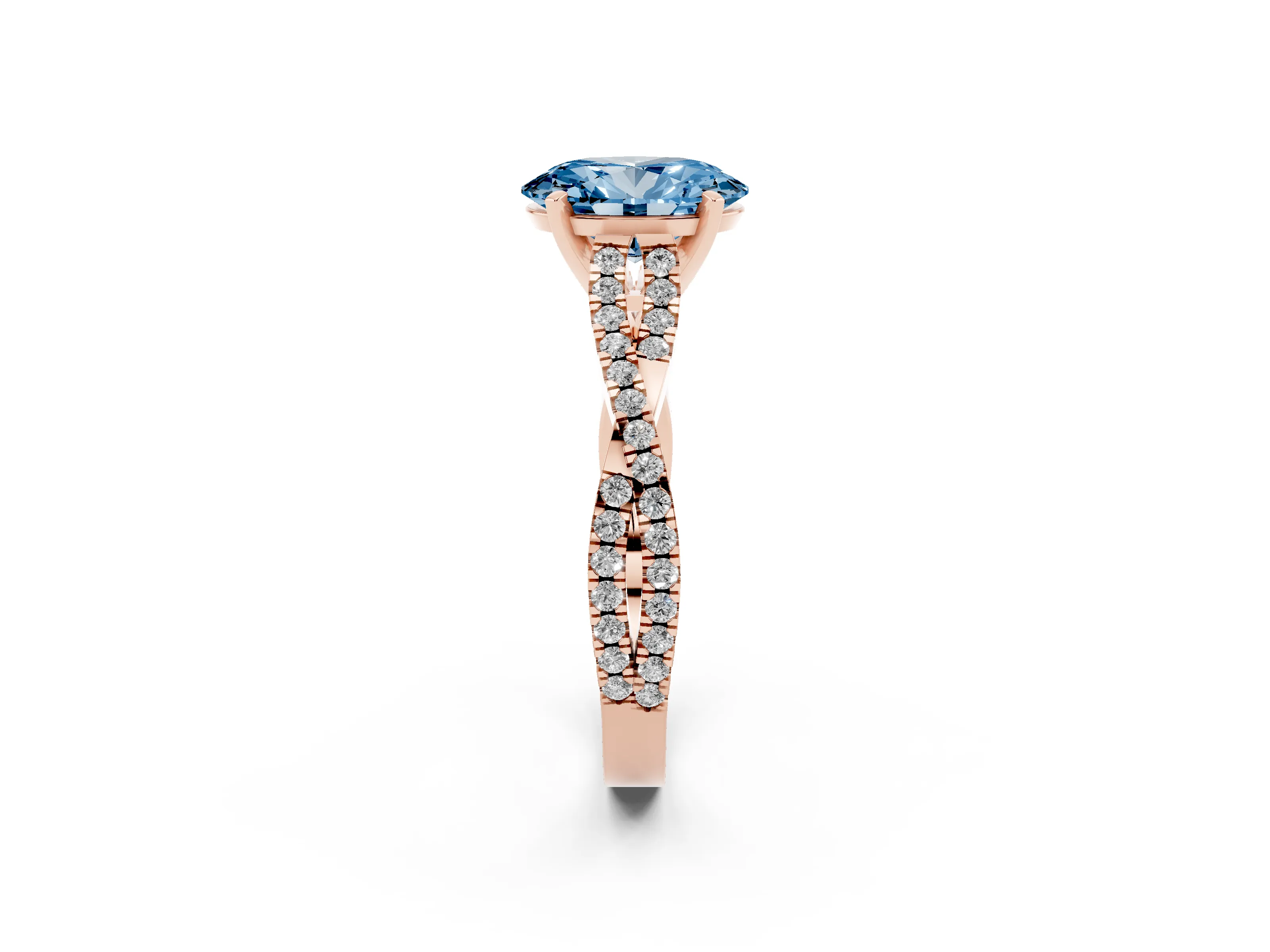 Fancy Blue Oval Cut Diamond Solitaire Engagement Ring Set in Rose gold with Twisted Pavé Band and Prong Setting