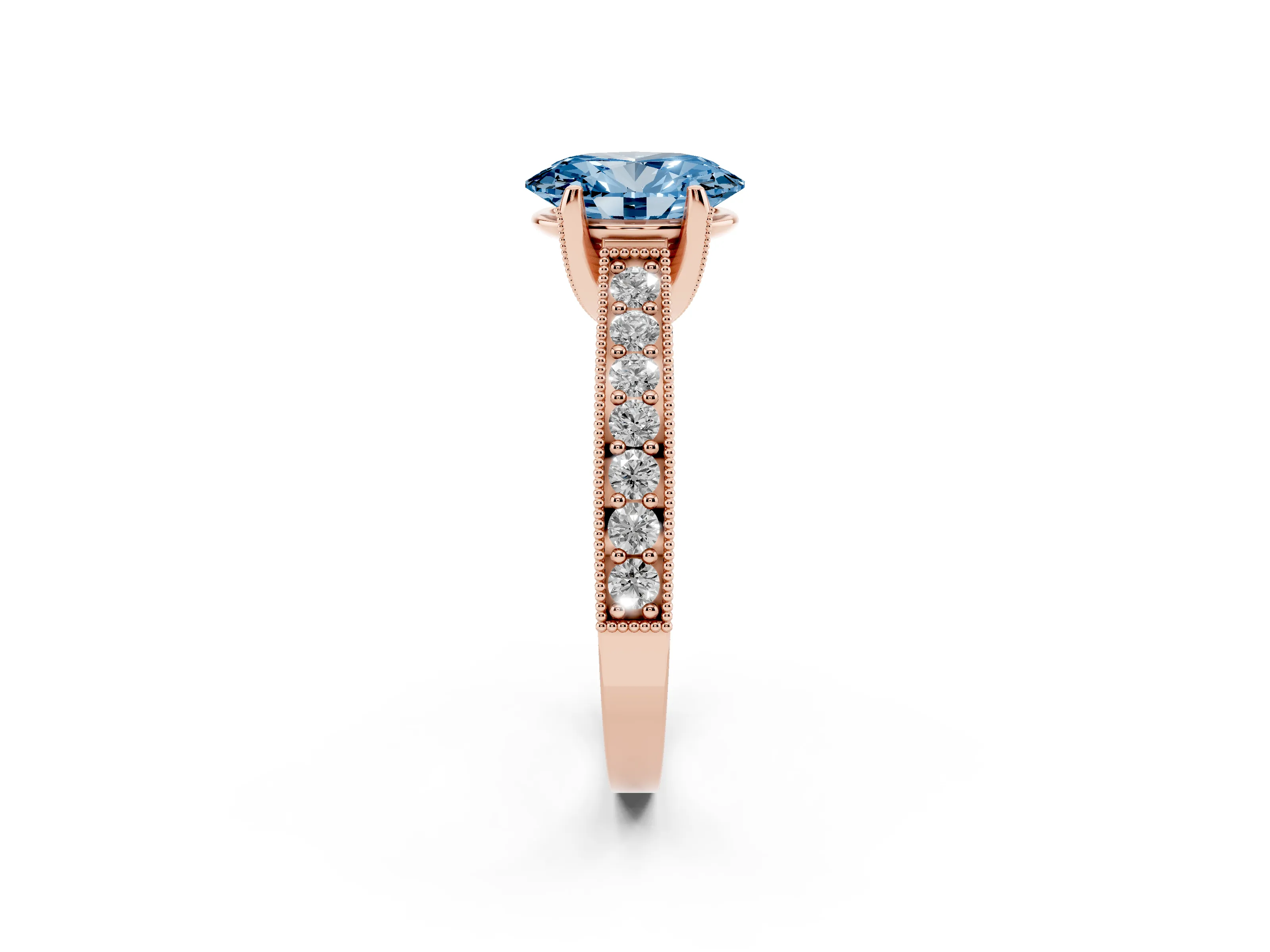 Fancy Blue Oval Cut Diamond Solitaire Ring Set in Rose gold with Milgrain-Edged Pavé Band and Prong Setting
