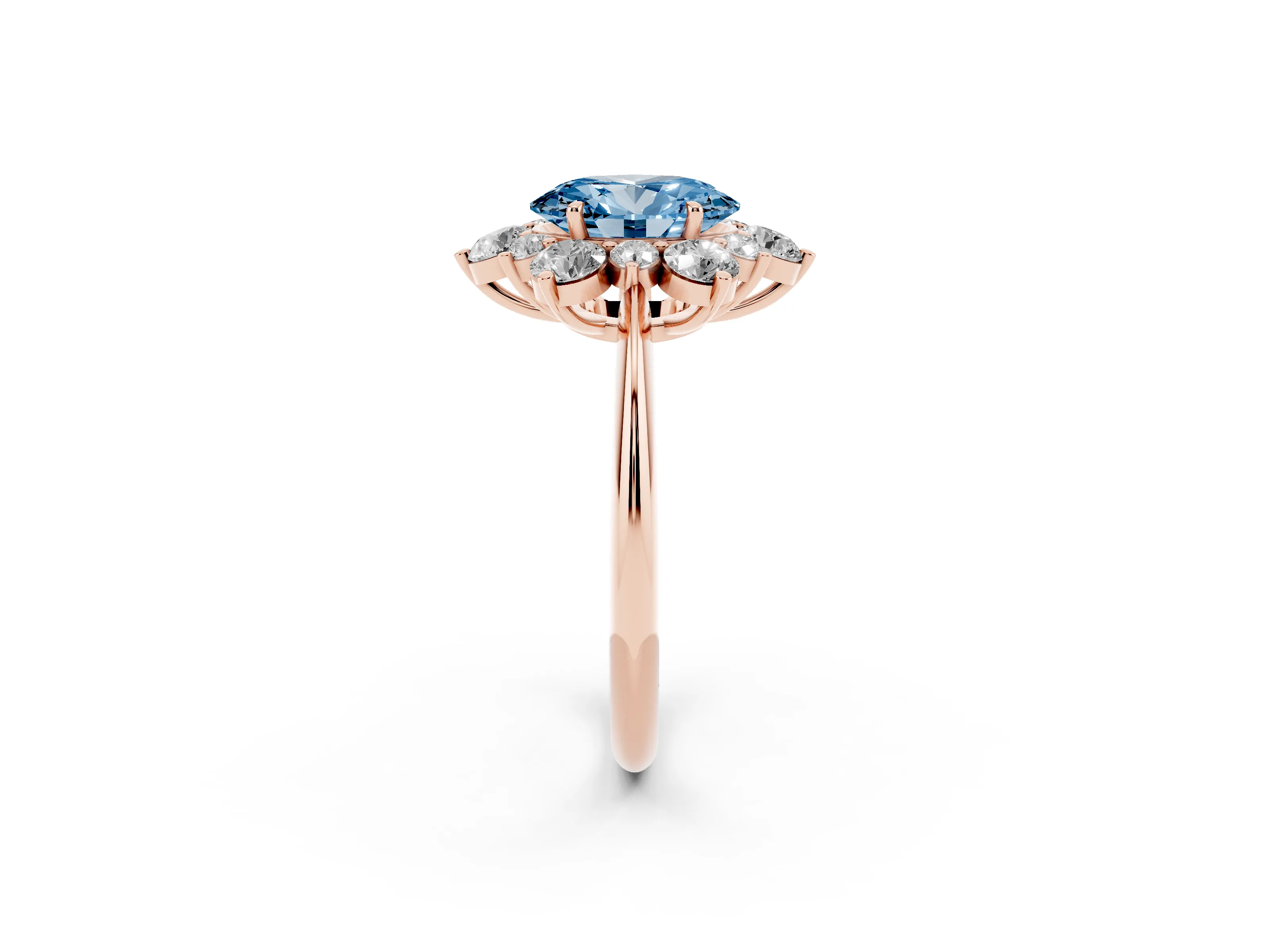 Fancy Blue Oval Cut Diamond Cluster Halo Ring Set in Rose gold with Solitaire Band and Prong Setting