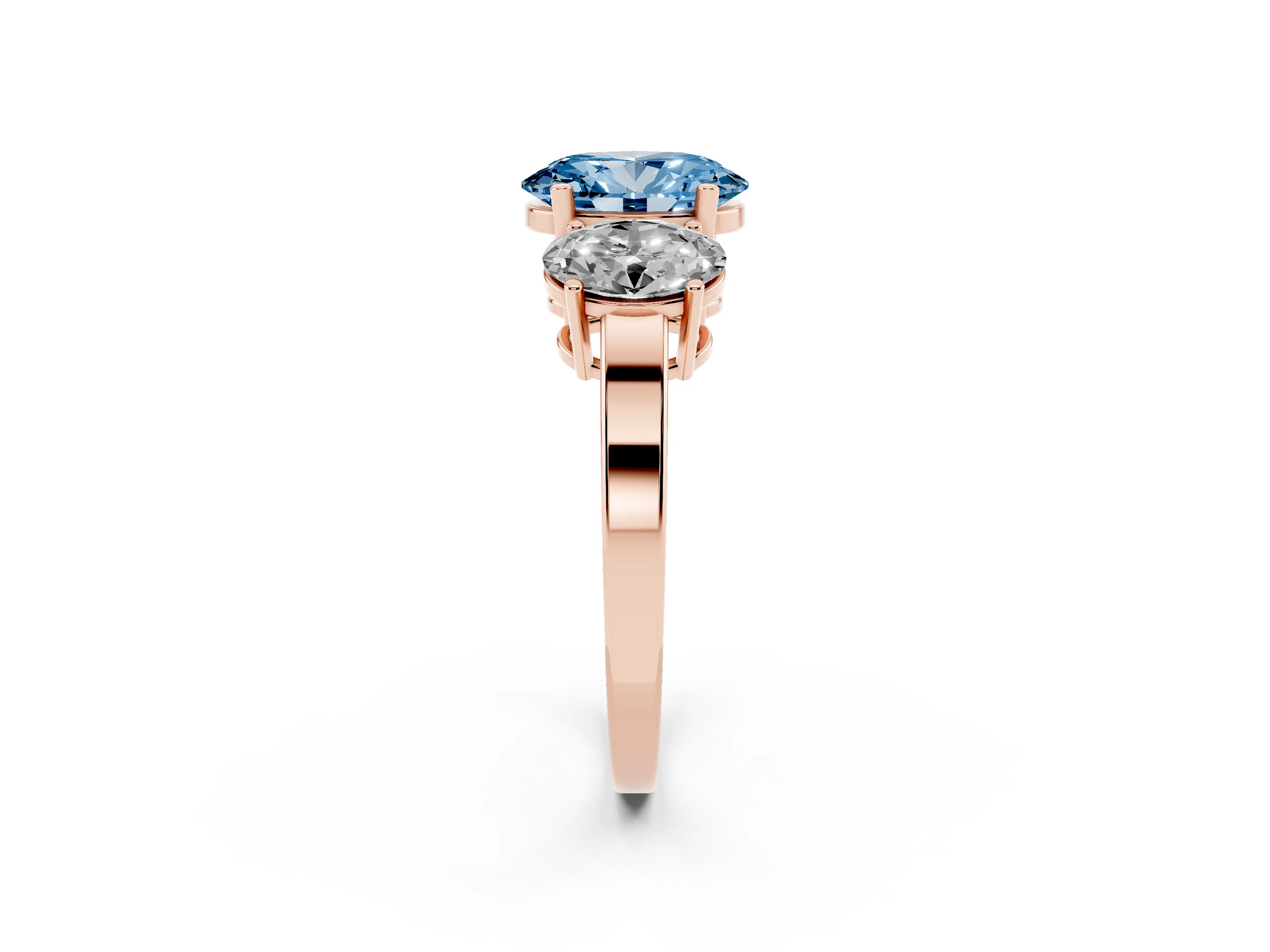 Fancy Blue Oval Cut Diamond Three-Stone Engagement Ring Set in Rose gold with Flat Band
