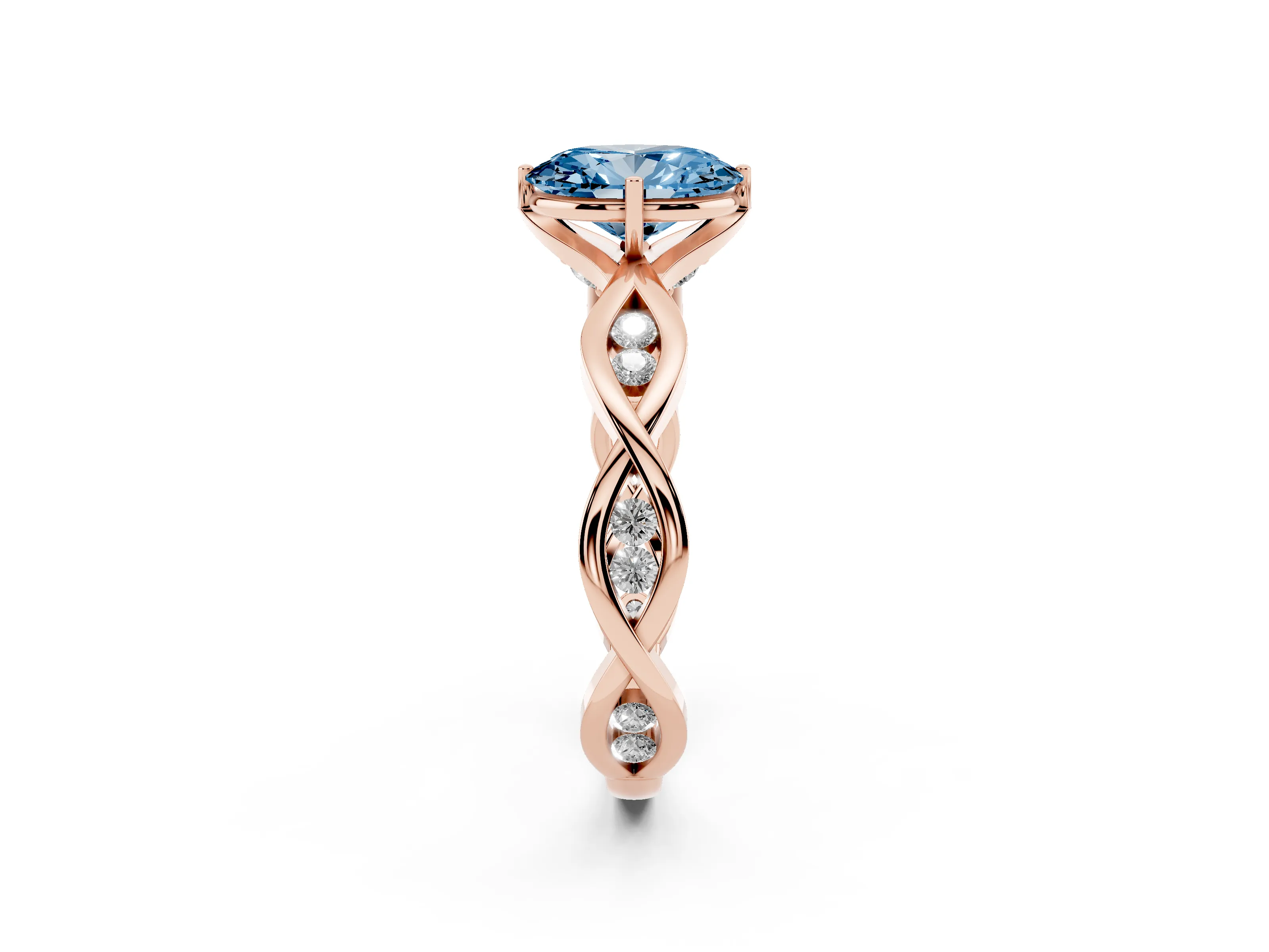 Fancy Blue Oval Cut Diamond Twist Band Solitaire Ring Set in Rose gold with Leaf Prong Setting and Accent Stones