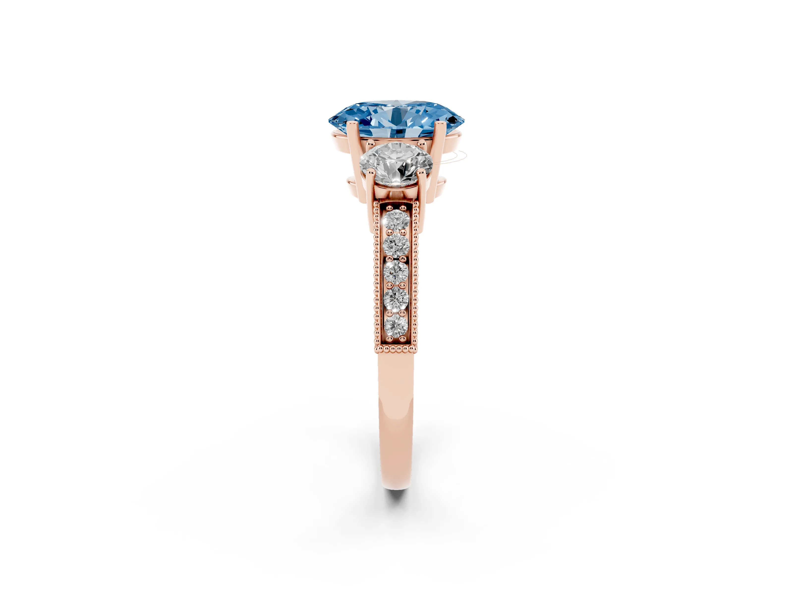 Fancy Blue Oval Cut Diamond Three-Stone Ring Set in Rose gold with Round Side Stones and Pavé Band