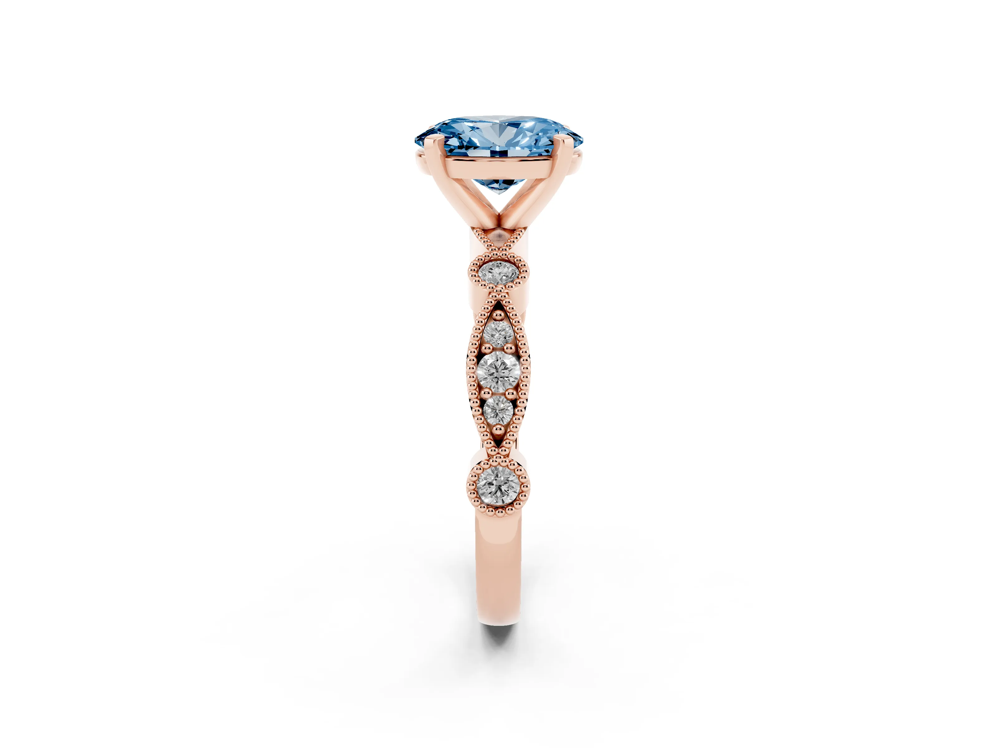 Fancy Blue Oval Cut Diamond Solitaire Engagement Ring Set in Rose gold with Milgrain Bezel Accent Band