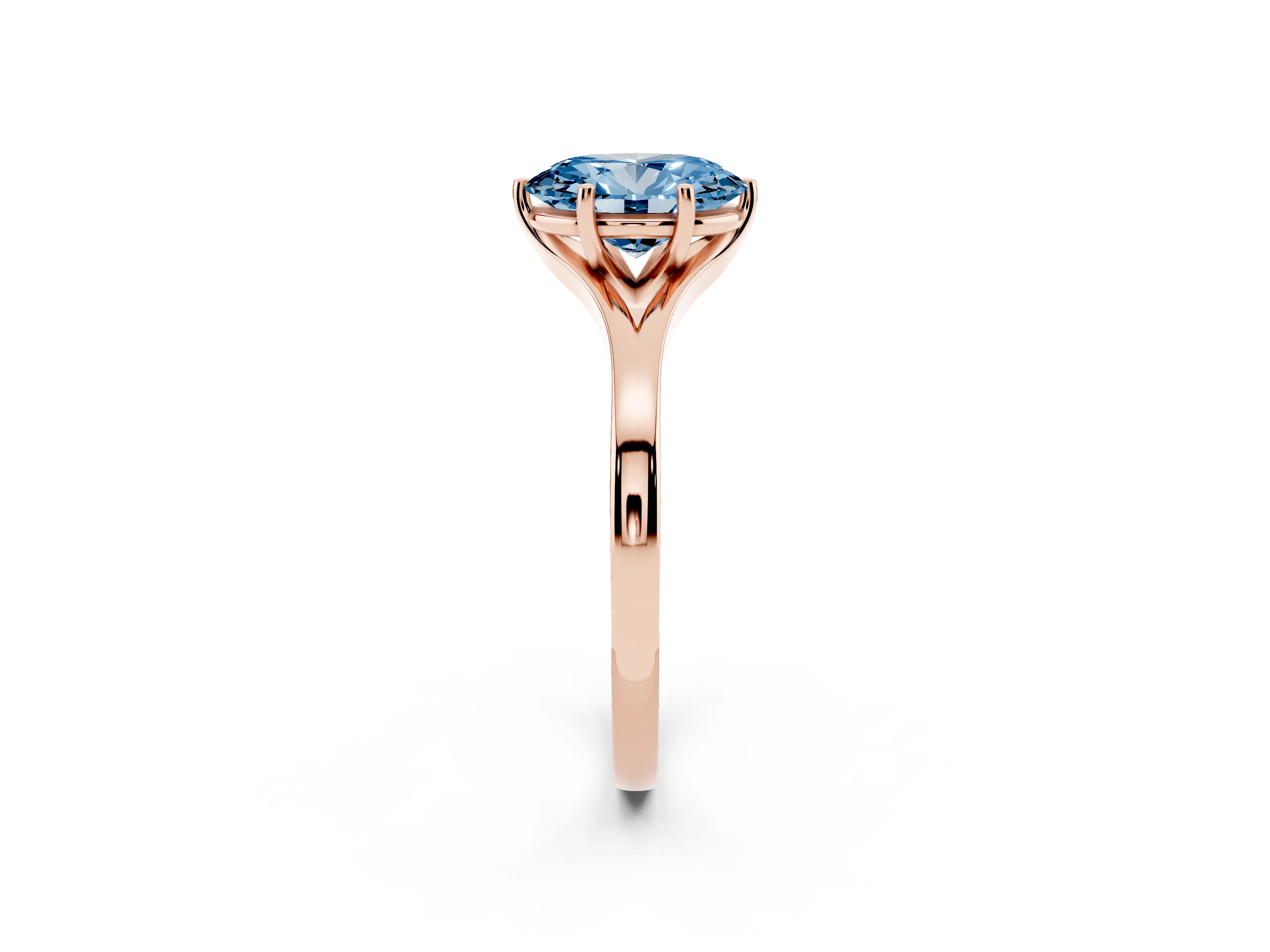Fancy Blue Oval Cut Diamond Solitaire Ring Set in Rose gold with Polished Tapered Band and Prong Setting