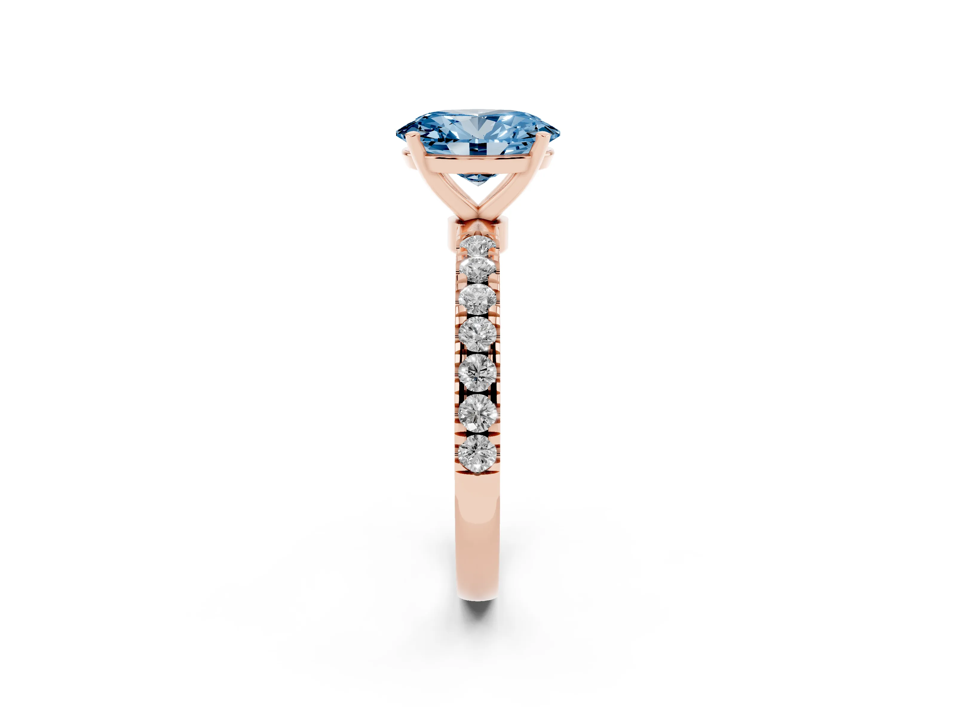 Fancy Blue Oval Cut Diamond Solitaire Ring Set in Rose gold with Pavé Accents and Prong Setting