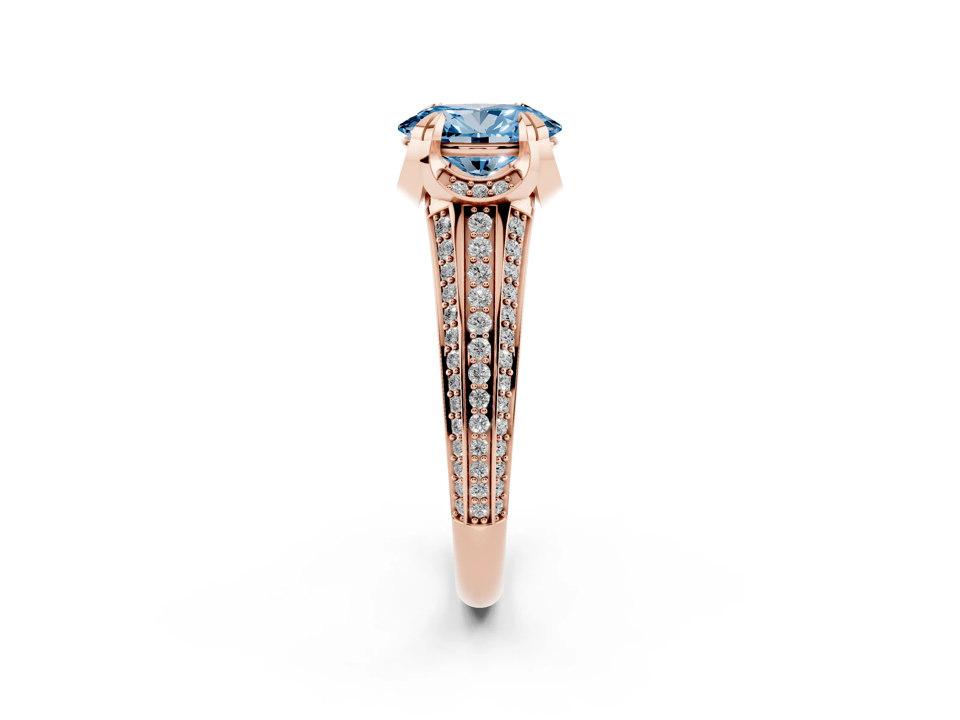 Fancy Blue Oval Cut Diamond Pavé Split Shank Solitaire Ring Set in Rose gold with Prong Setting