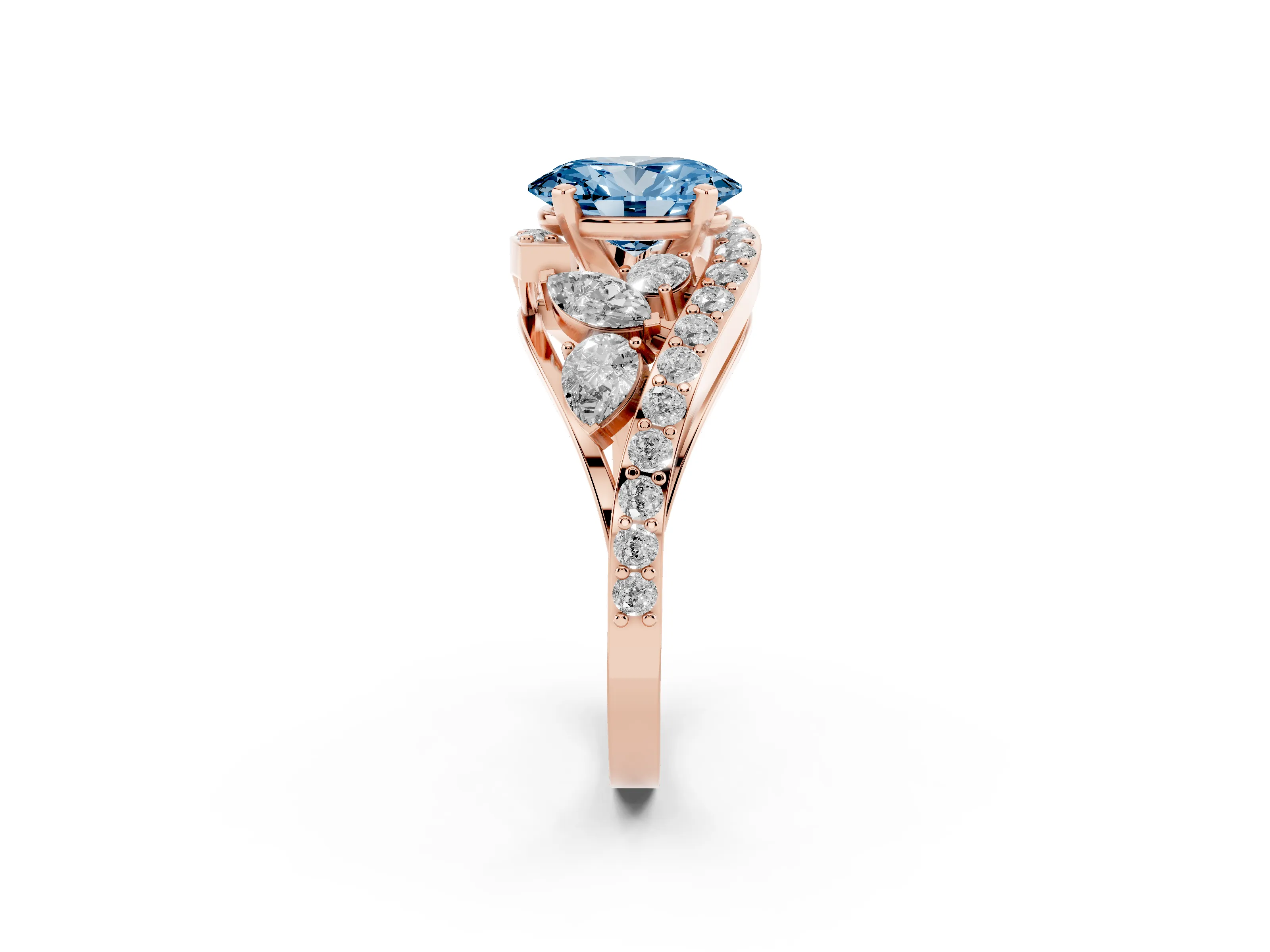 Fancy Blue Oval Cut Diamond Halo Ring Set in Rose gold with Marquise and Pavé Band in Prong Setting