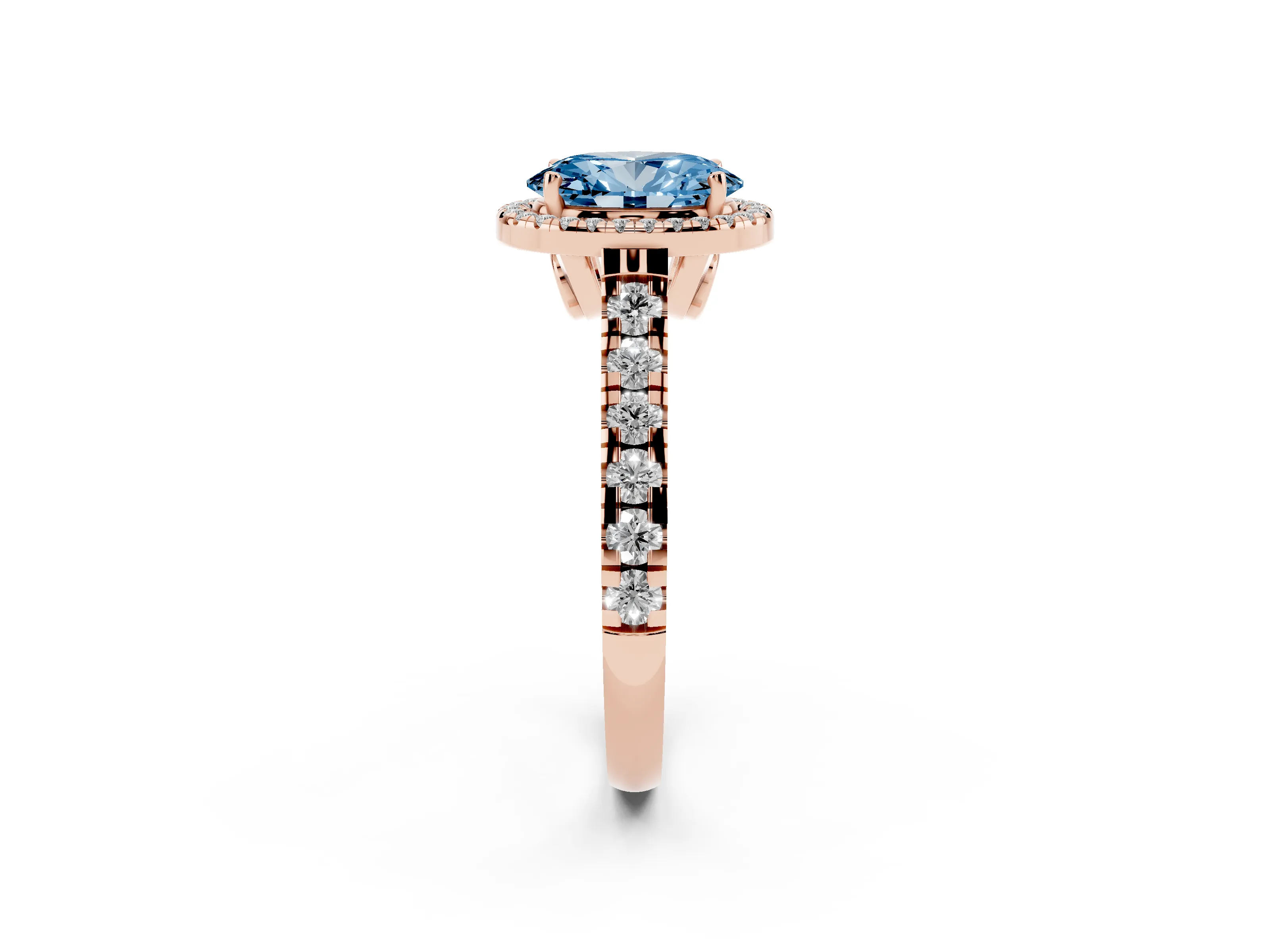Fancy Blue Oval Cut Diamond Halo Engagement Ring Set in Rose gold with Pavé Band and Prong-Set Center